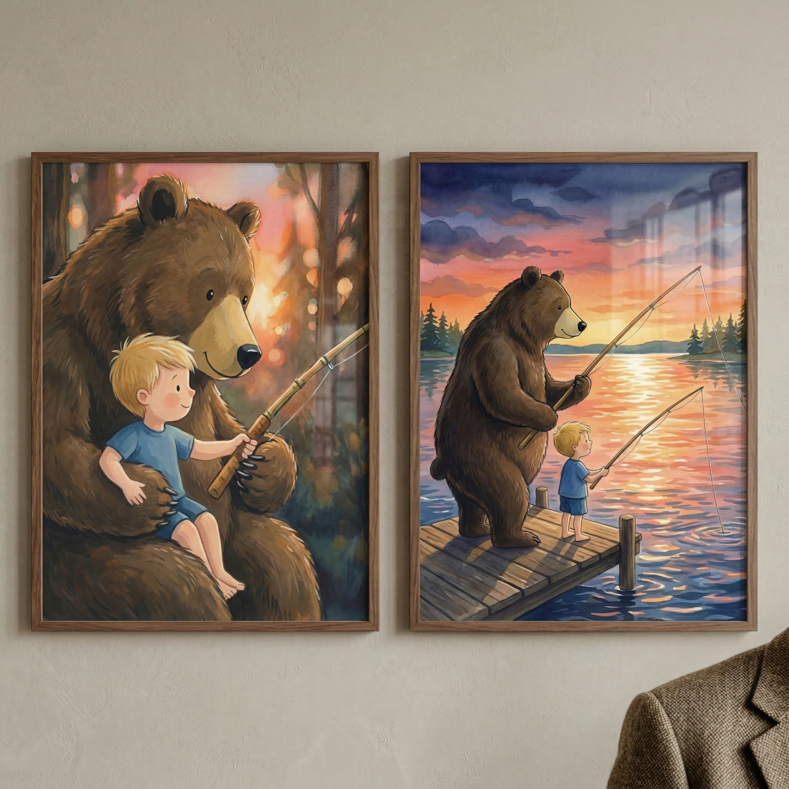Two framed illustrations hang on a neutral wall. On the left, a large brown bear sits in a forest at sunset, cradling a small blond boy on its lap as they hold a fishing rod together. On the right, the bear and boy stand on a wooden dock by a lake under a colorful sunset sky, each holding their own fishing rod. Both pieces are in thin wooden frames. A portion of a brown tweed jacket is visible in the bottom corner.
