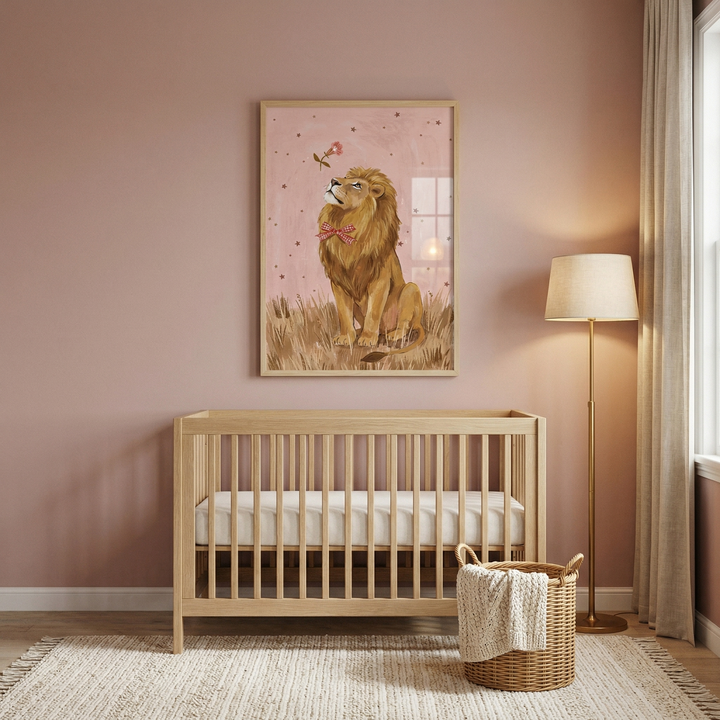 A serene nursery featuring soft pink walls and light wood accents. Centered on the wall is a framed illustration of a friendly lion wearing a pink bow, set against a star-flecked pink background. Below the artwork, a simple wooden crib with a white mattress sits on a textured cream rug. To the right, a minimalist floor lamp with a cream shade casts a warm glow. Beside the crib, a woven basket holds a cozy white knit blanket. Tall, neutral-toned curtains frame a window on the side.