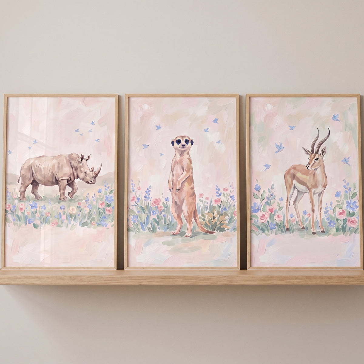 Gentle meadow safari animals wall art set of 3 featuring a rhino, meerkat, and gazelle in a soft floral landscape.