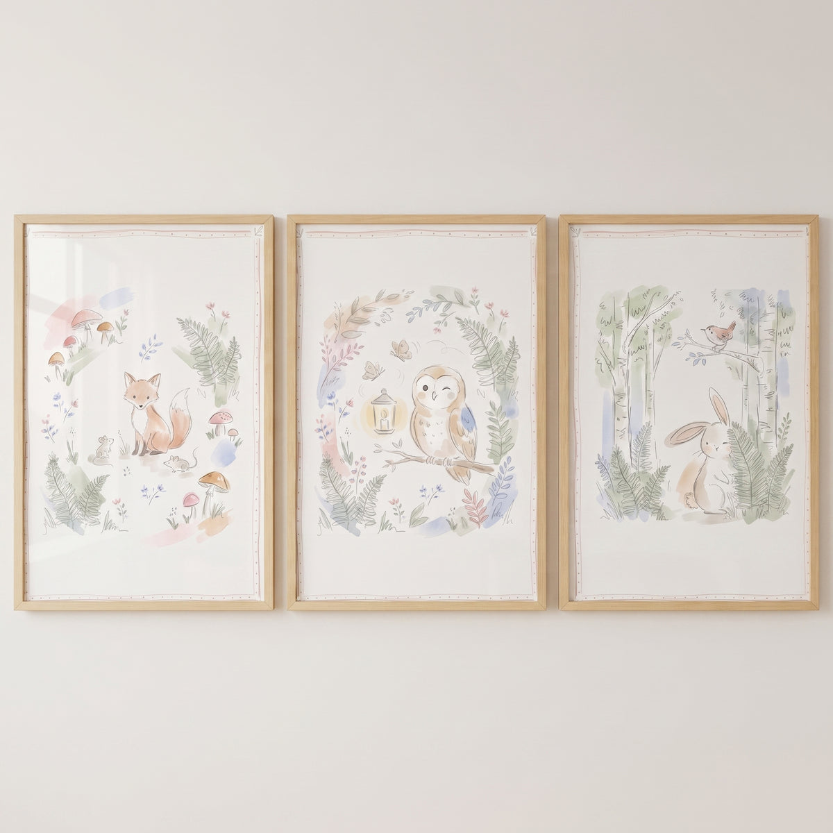 Fox, owl, and rabbit watercolor illustrations in wood frames; gentle nature woodland animals wall art set of 3.