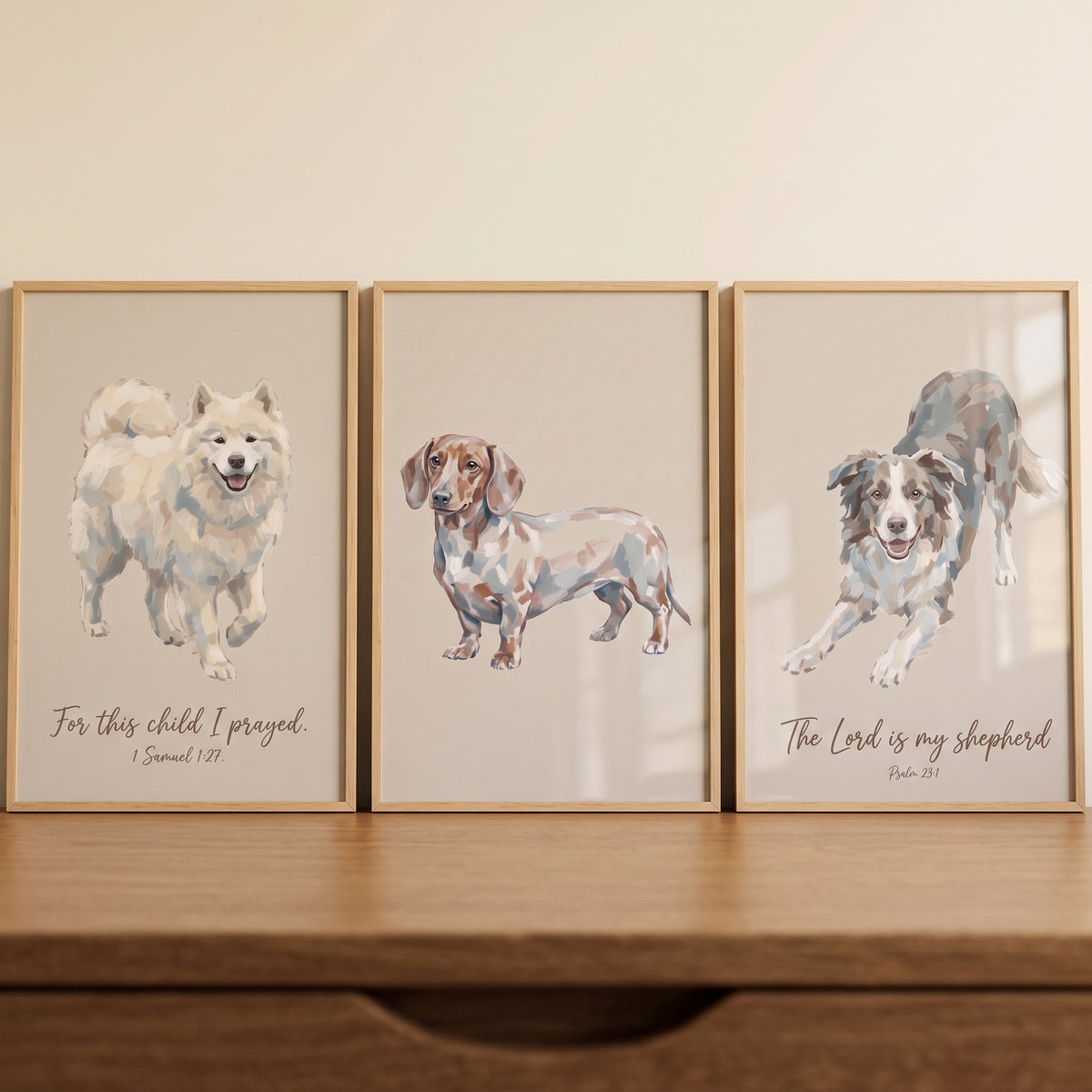 Gentle Neutral Multi Dog Wall Art Set of 3 - Faithful Canine Art