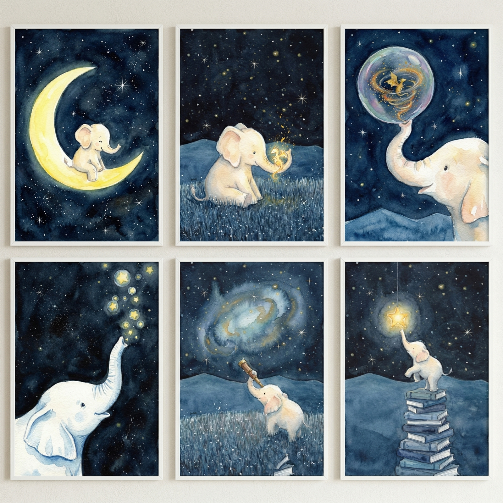 A set of six framed rectangular illustrations arranged in a two-by-three grid, featuring a whimsical theme of a small white elephant and celestial elements. Each piece of art has a soft, watercolor aesthetic with a dark blue, star-filled night sky as the background.

