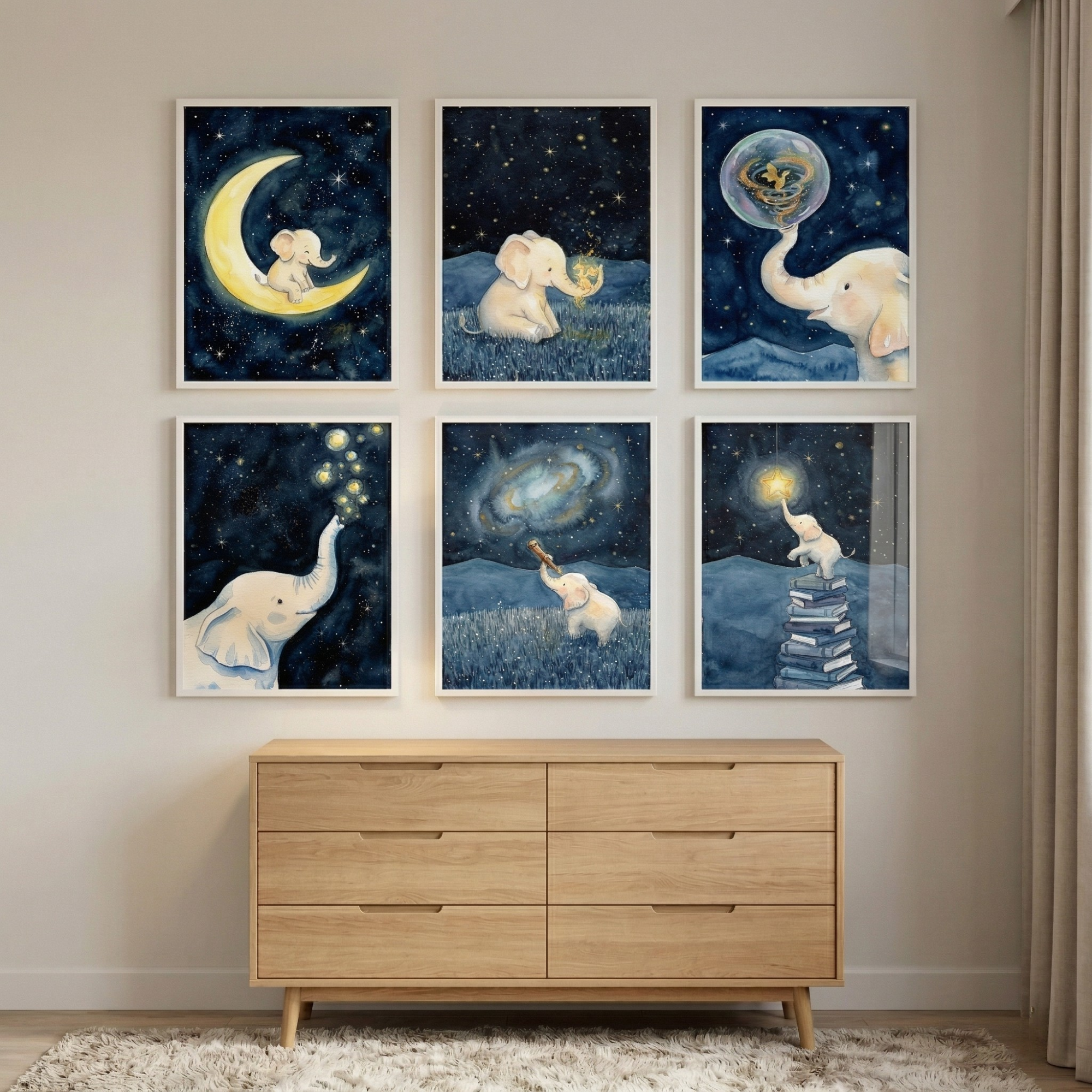 Gentle Nighttime Baby Elephant Nursery Wall Art Set of 6 - Stellar Trunk Tales