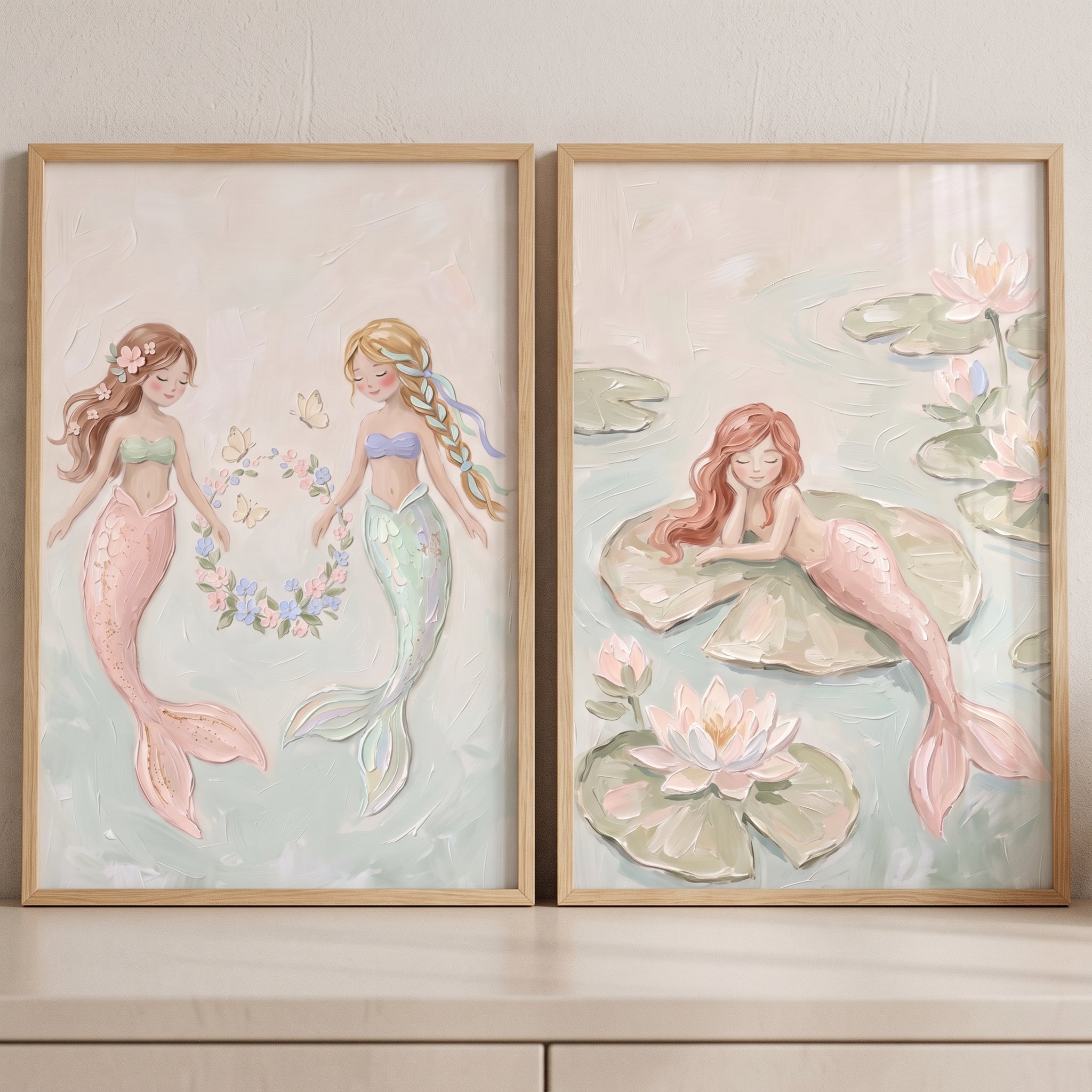 Gentle Pastel Fantasy Mermaid Wall Art Set of 2 - Serene Sea Sisters