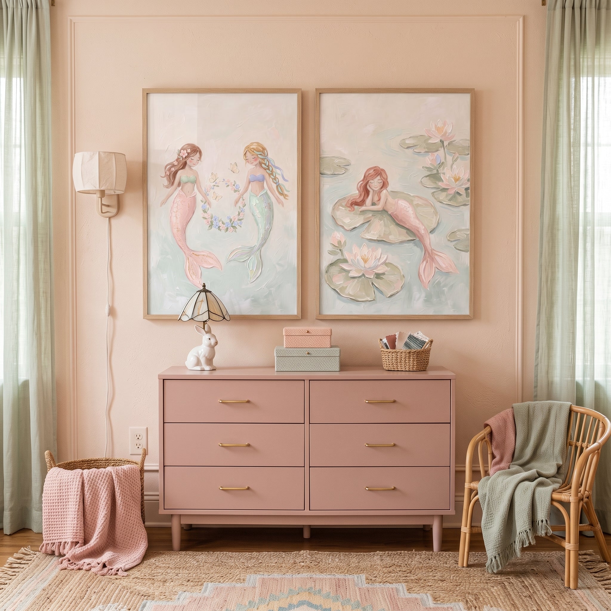 Gentle Pastel Fantasy Mermaid Wall Art Set of 2 - Serene Sea Sisters