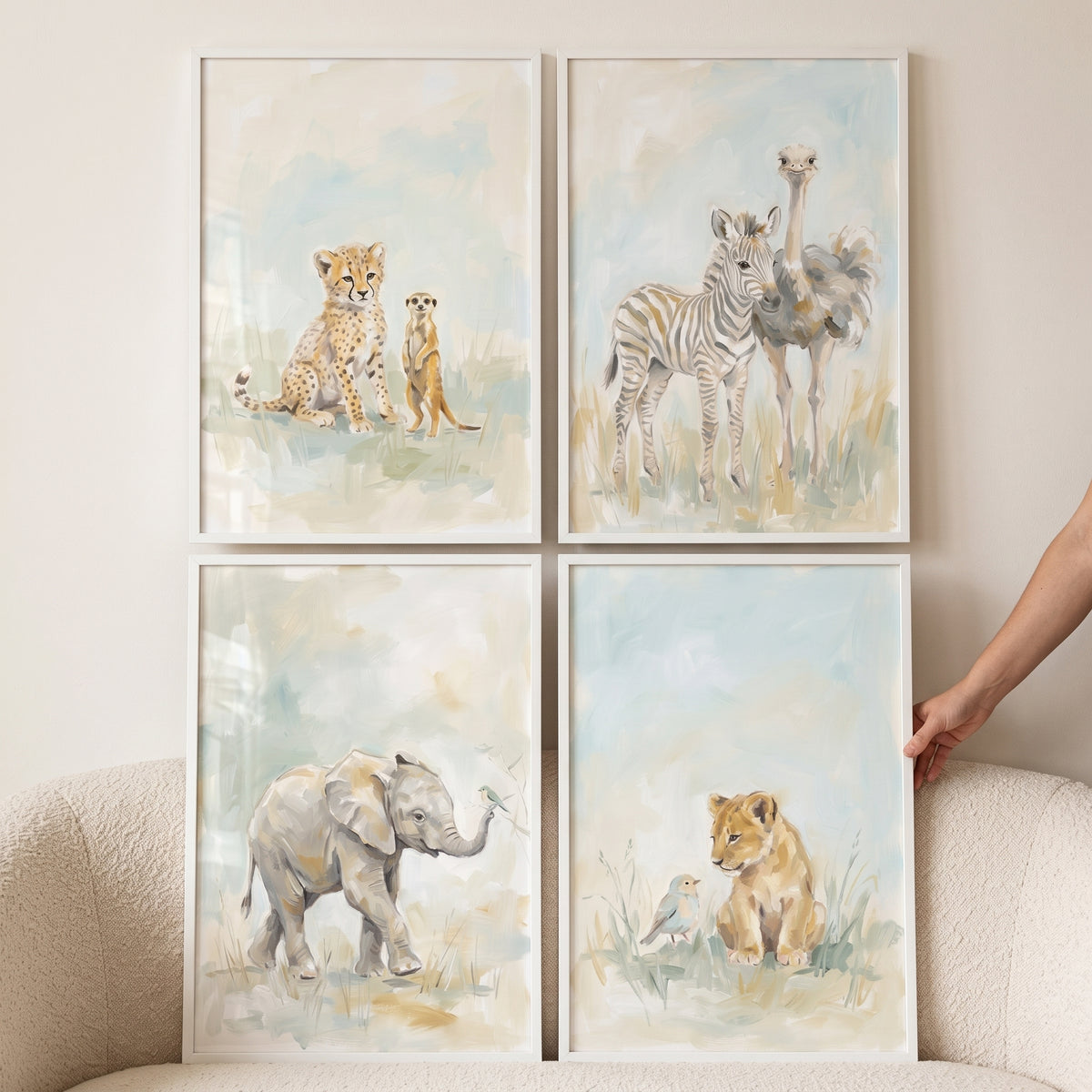 Gentle Pastel Safari Animals Wall Art Set of 4 - Sweet Savannah Friends