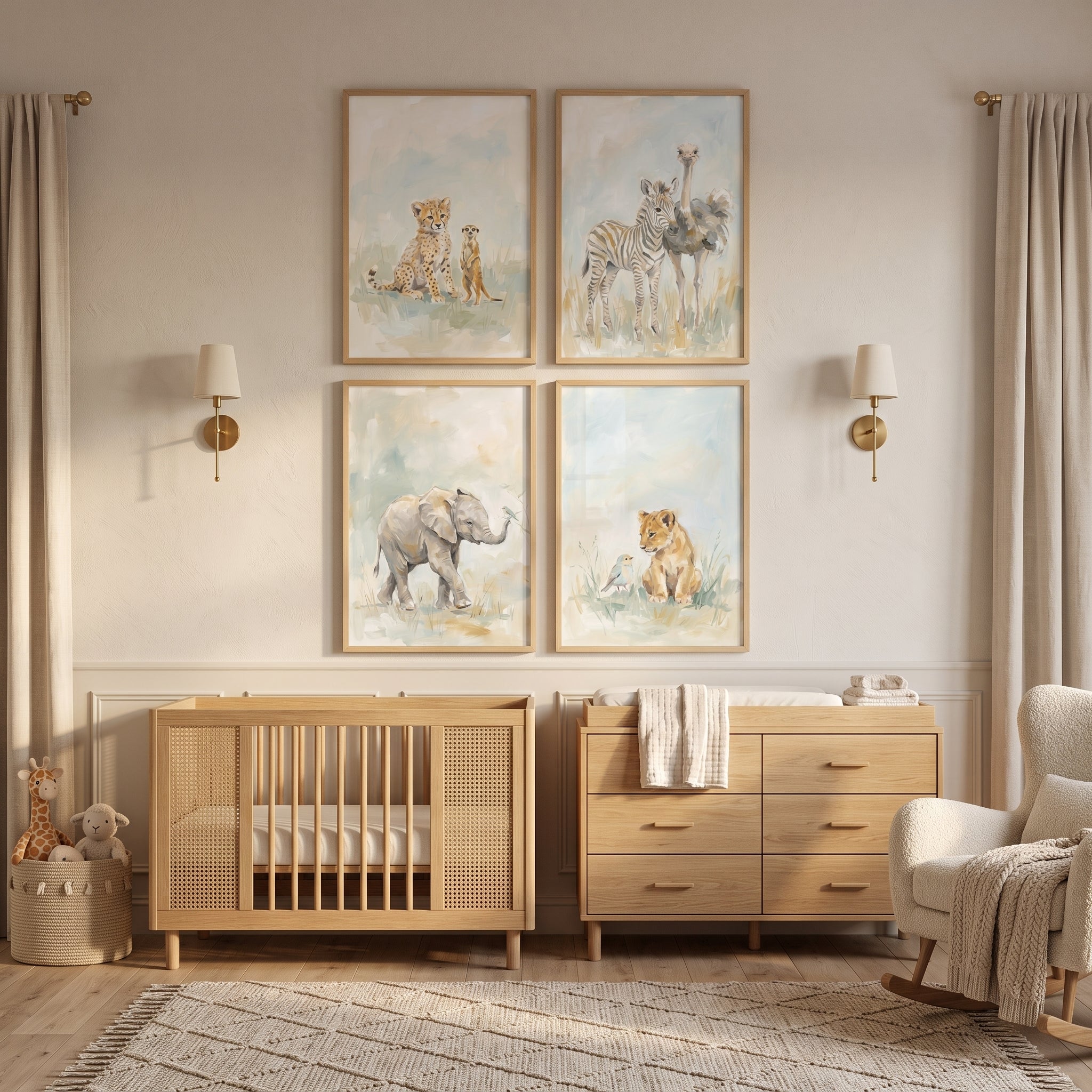 Gentle Pastel Safari Animals Wall Art Set of 4 - Sweet Savannah Friends