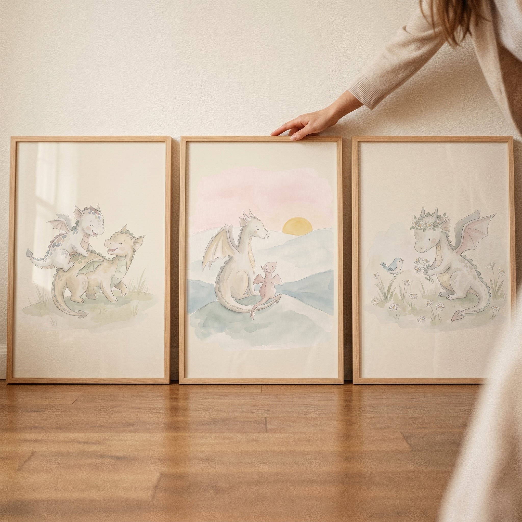 Gentle Sage Baby Dragon Wall Art Set of 3 - Sweet Dragon Tales
