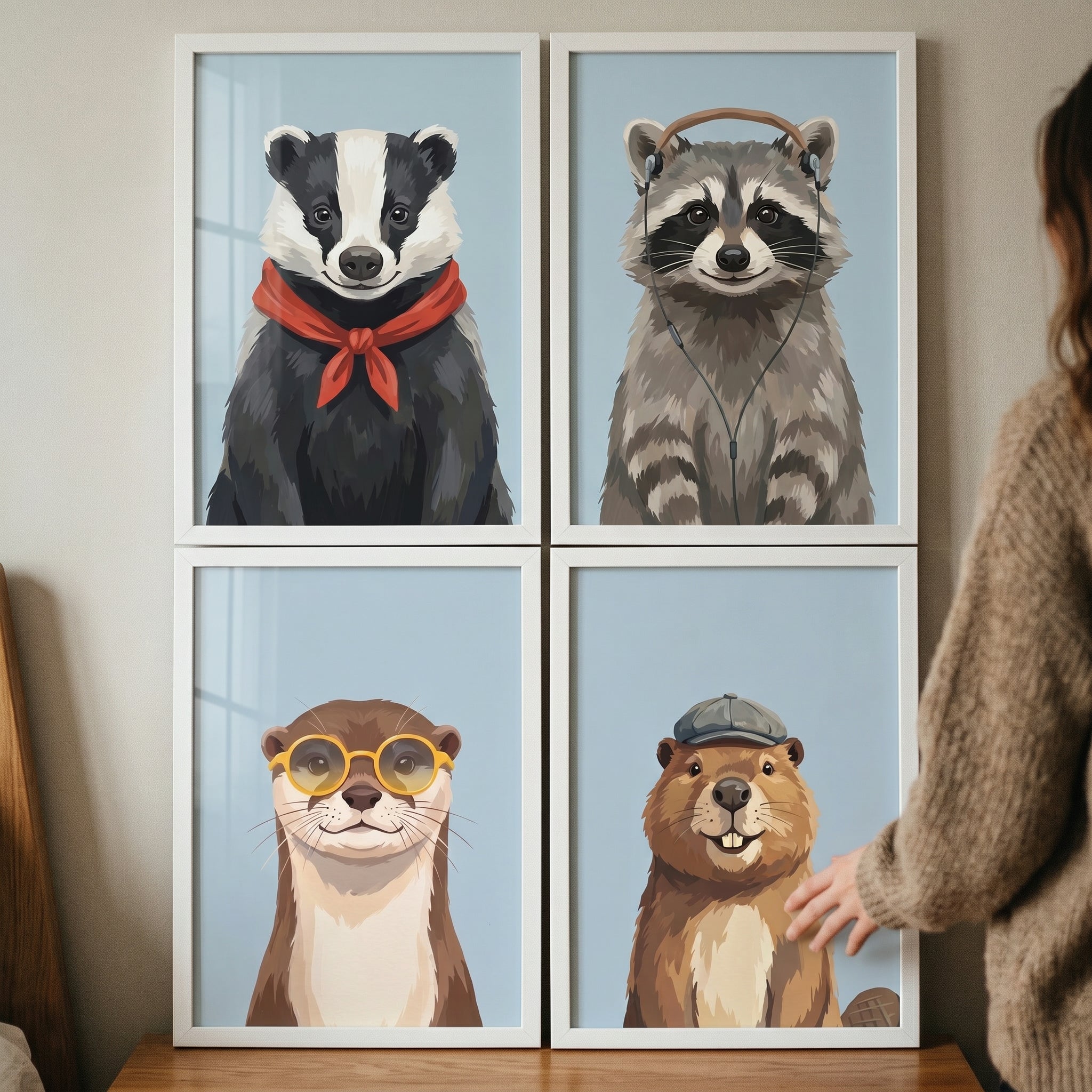 Gentle Smiling Forest Animal Wall Art Set of 4 - Woodland Hipster Friends