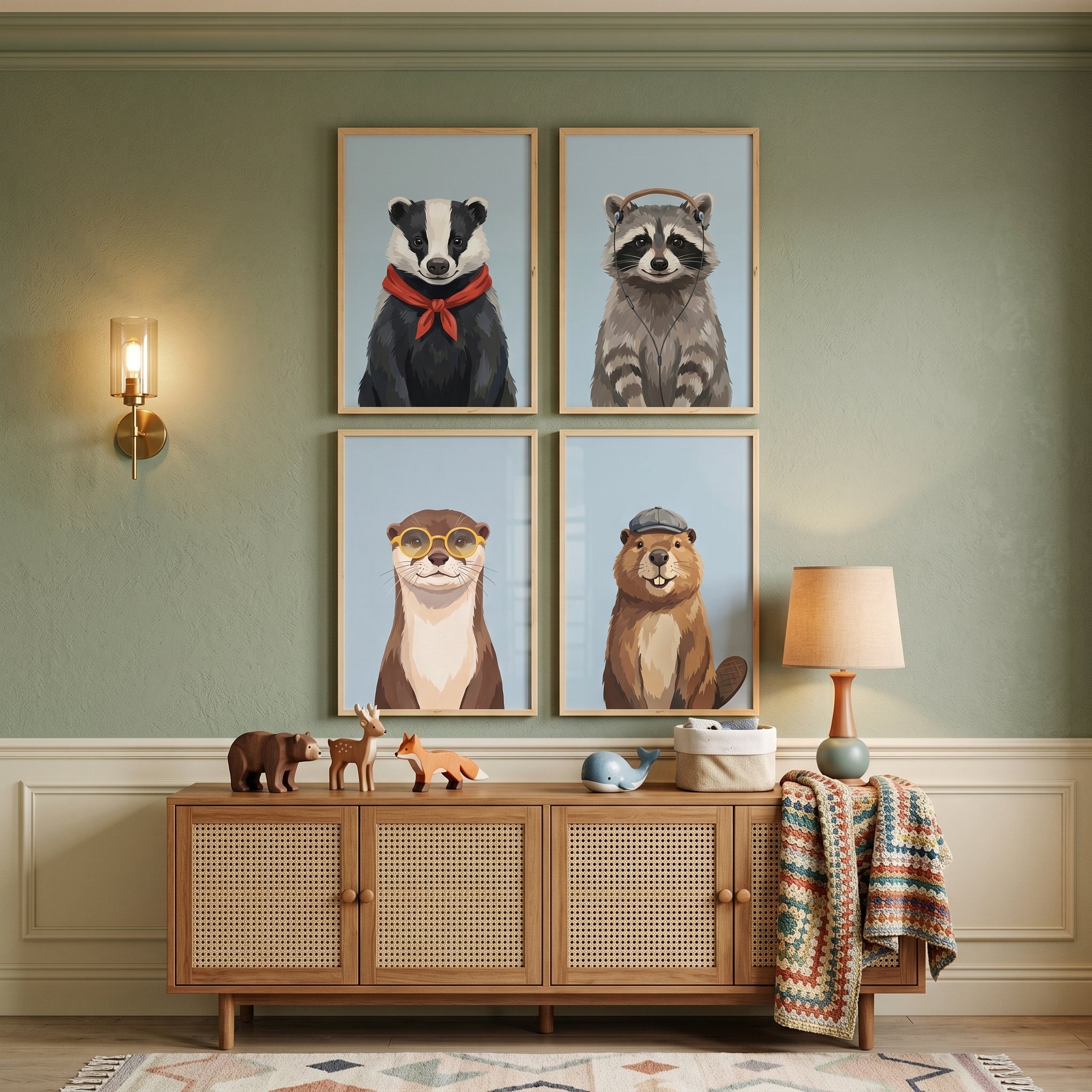 Gentle Smiling Forest Animal Wall Art Set of 4 - Woodland Hipster Friends