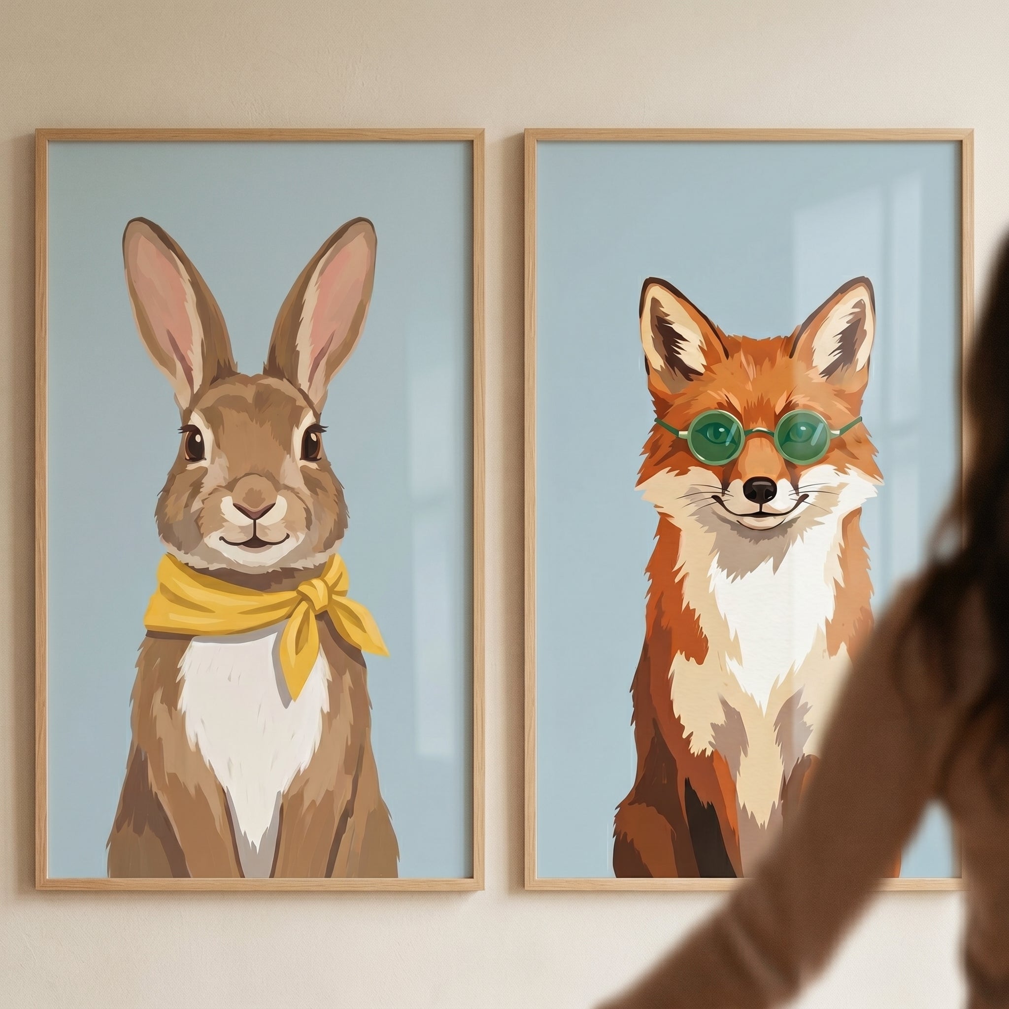 Gentle Smiling Woodland Animal Artwork Set of 2 - Dapper Woodland Duo