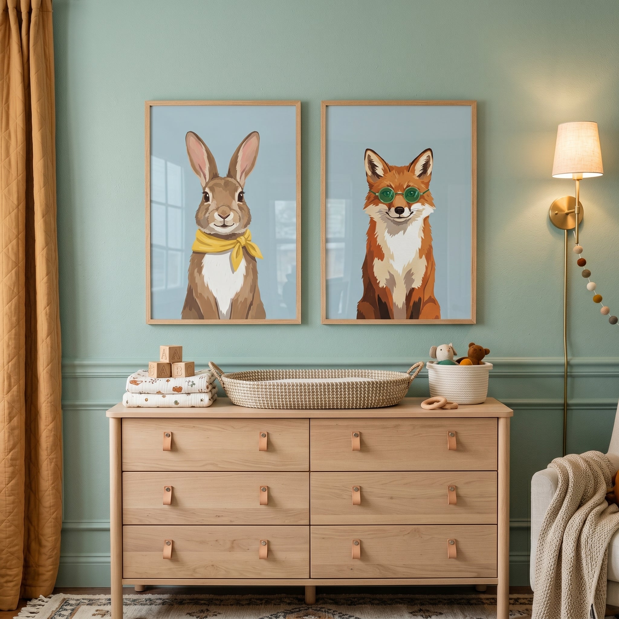 Gentle Smiling Woodland Animal Artwork Set of 2 - Dapper Woodland Duo