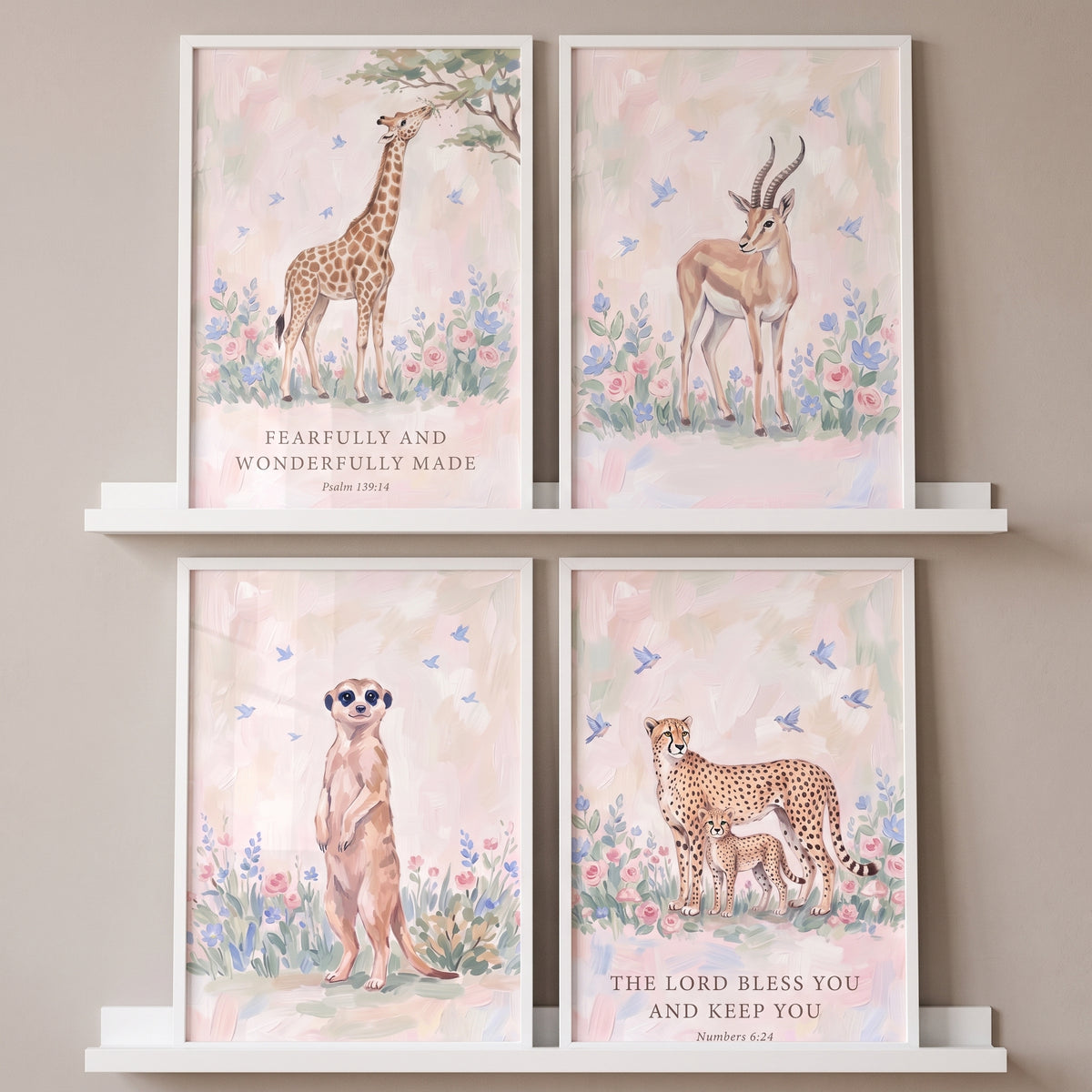 Gentle Songbird Safari Animals Wall Art Set of 4 - Savannah Faith Art