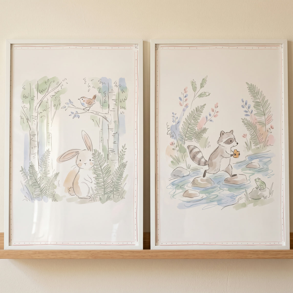Gentle storybook forest animal wall art set of 2 in white frames features a rabbit, bird, raccoon, and frog in watercolor.