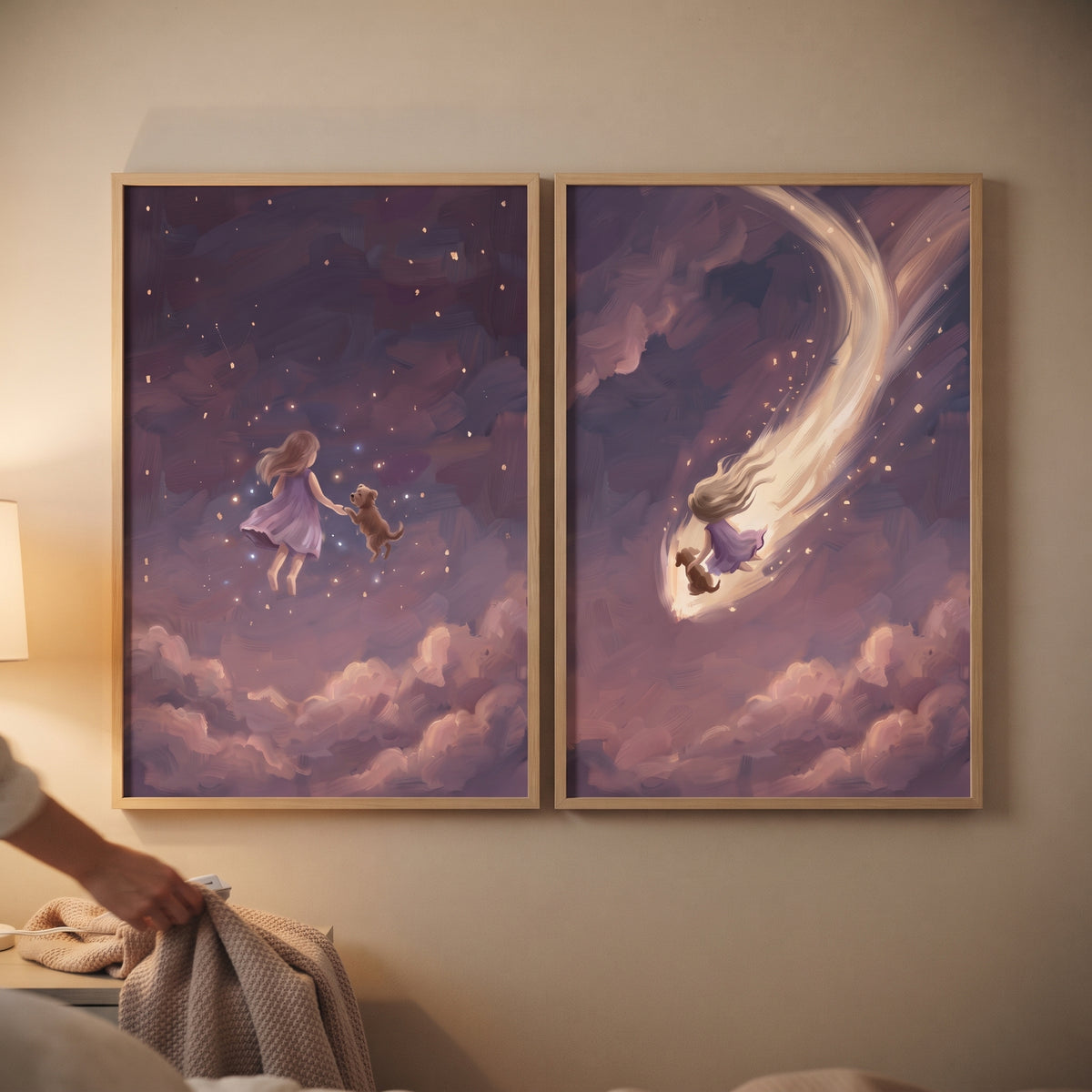 Gentle Twilight Girl Dog Wall Art Set of 2 - Starlit Sky Journey