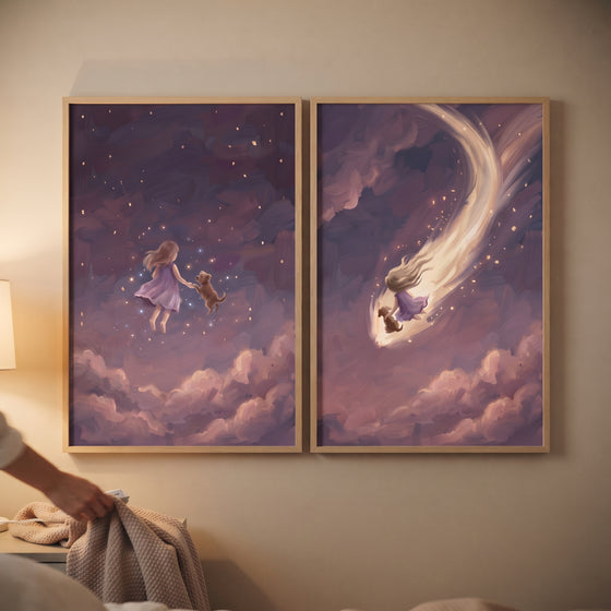Gentle twilight girl dog wall art set of 2 shows a girl and dog floating and soaring through a starry, purple cloud sky.