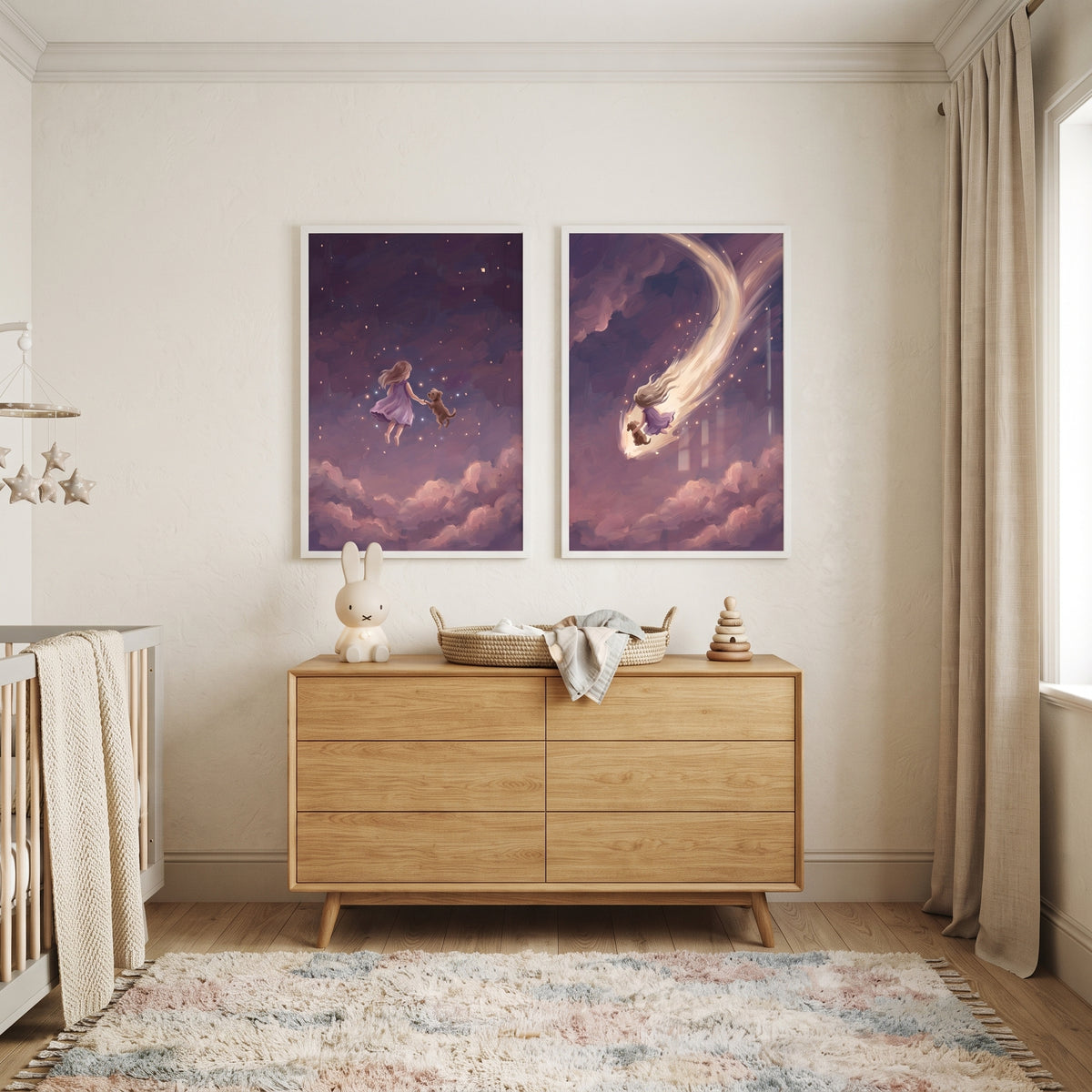 Gentle Twilight Girl Dog Wall Art Set of 2 - Starlit Sky Journey