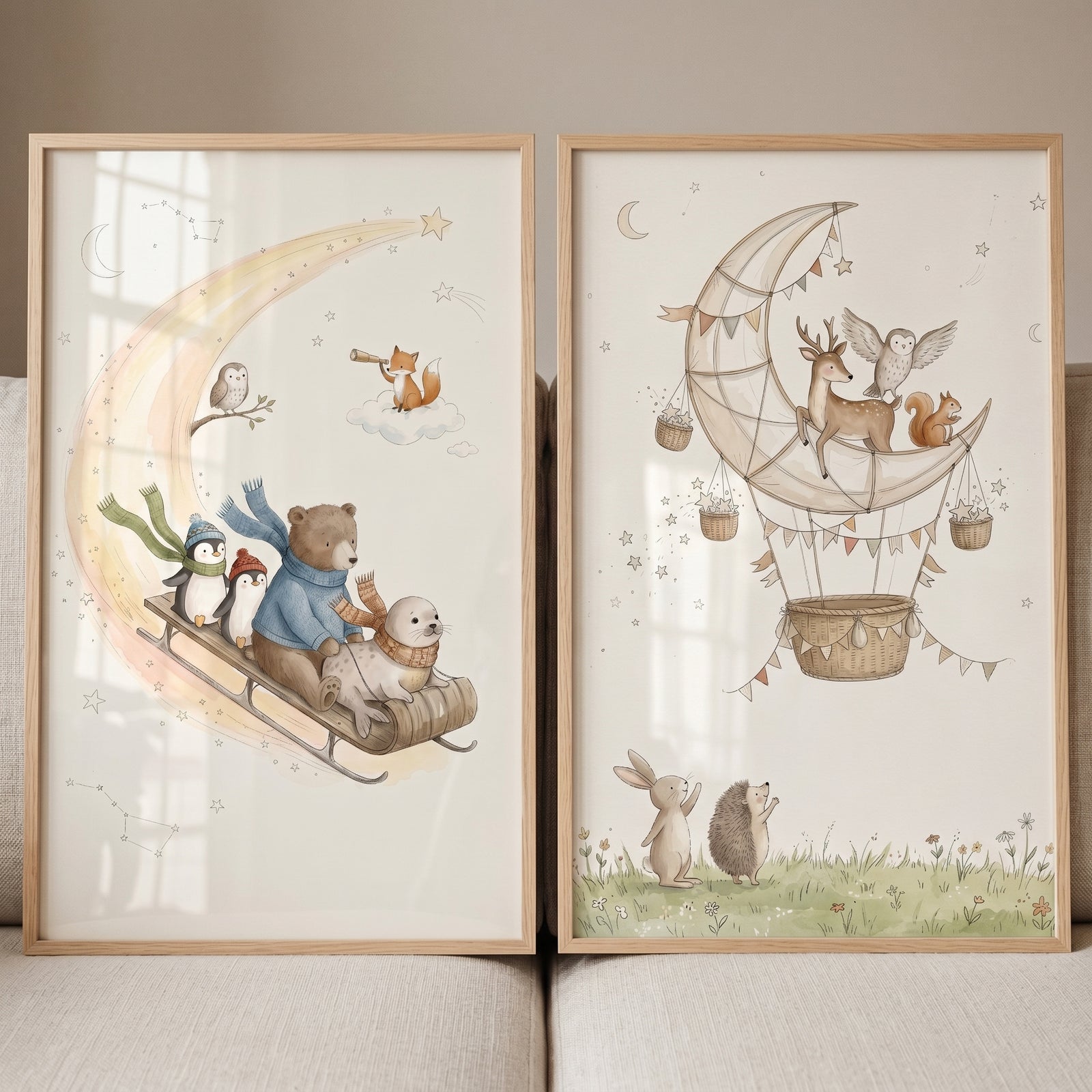 Gentle watercolor moon animals wall art set of 2 featuring cute creatures on a moon sled and in a moon hot air balloon.