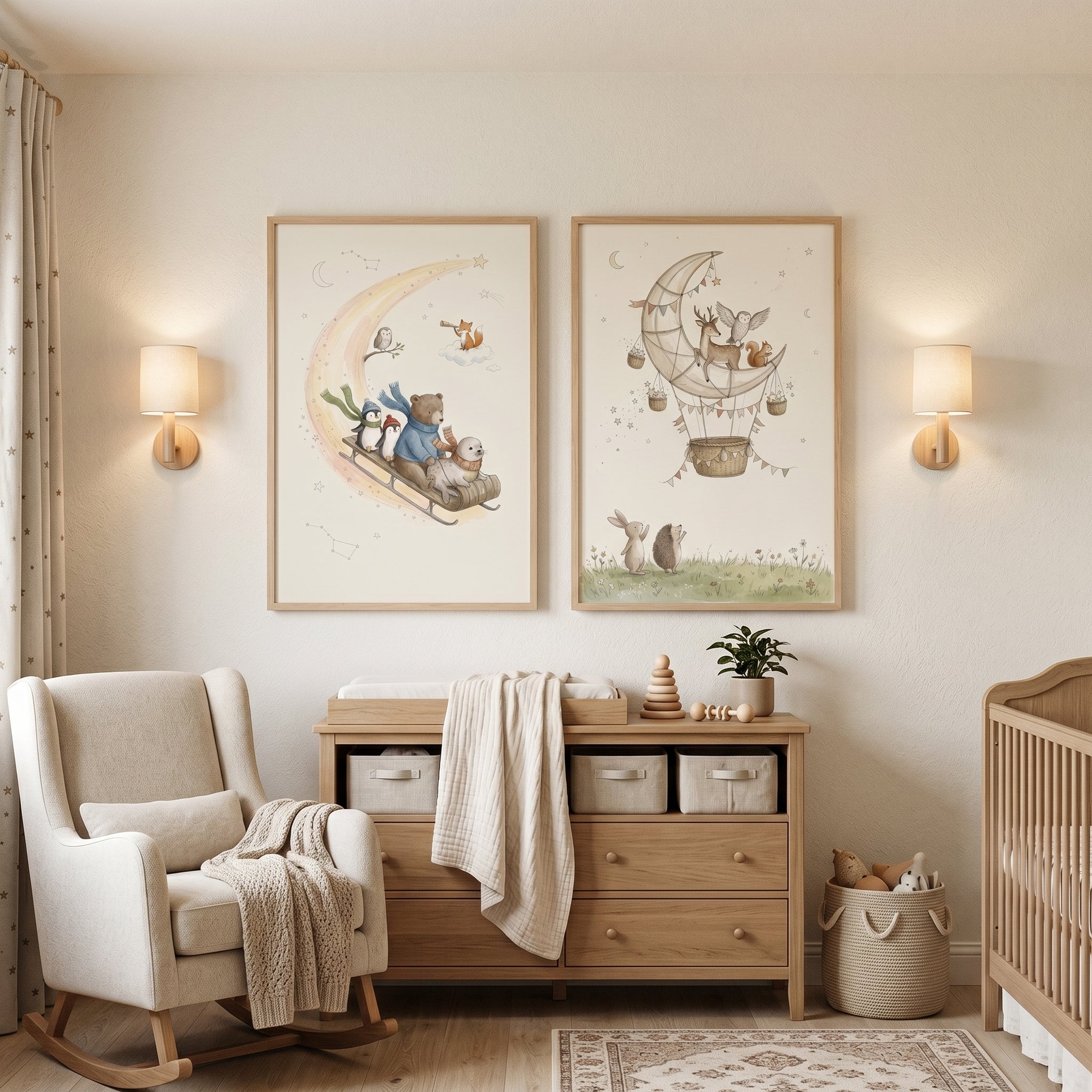 Gentle Watercolor Moon Animals Wall Art Set of 2 - Whimsical Moon Travels