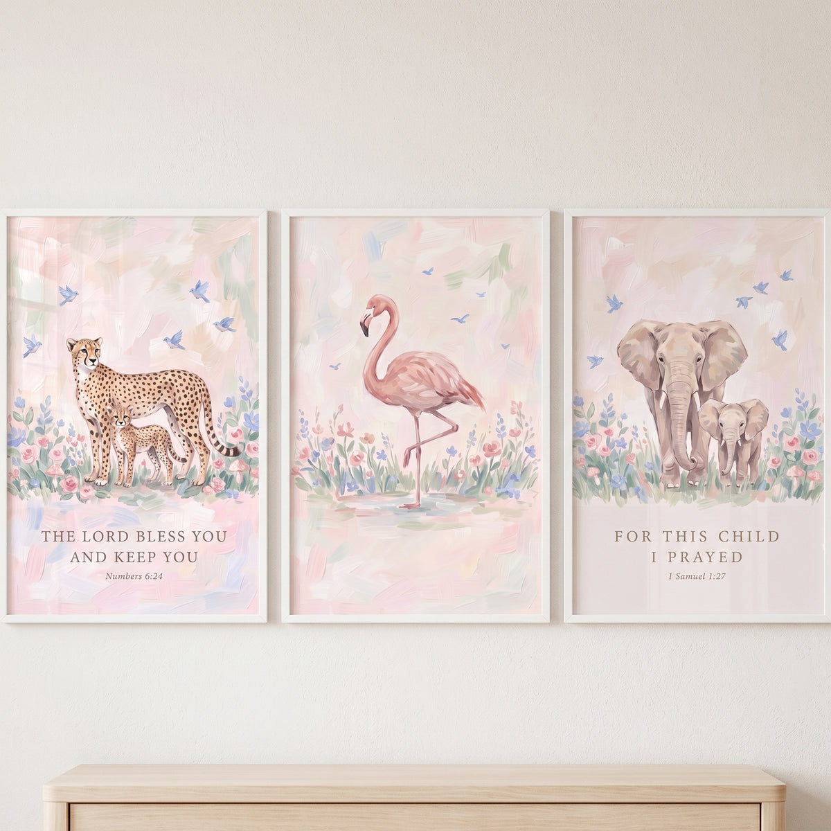 Gentle wildflower safari animals wall art set of 3 featuring cheetahs, a flamingo, and elephants with scripture.