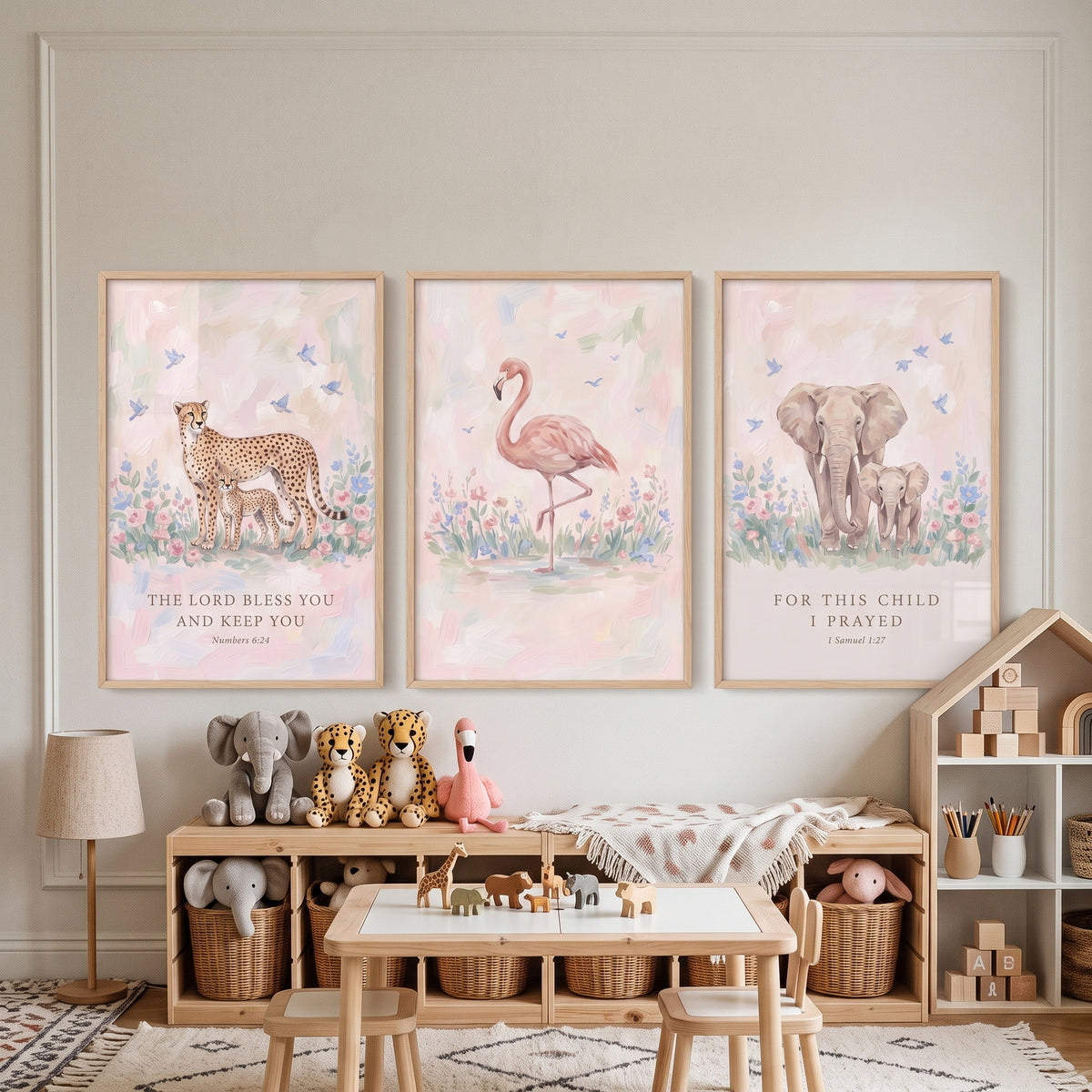 Gentle Wildflower Safari Animals Wall Art Set of 3 - Wildly Blessed Nursery