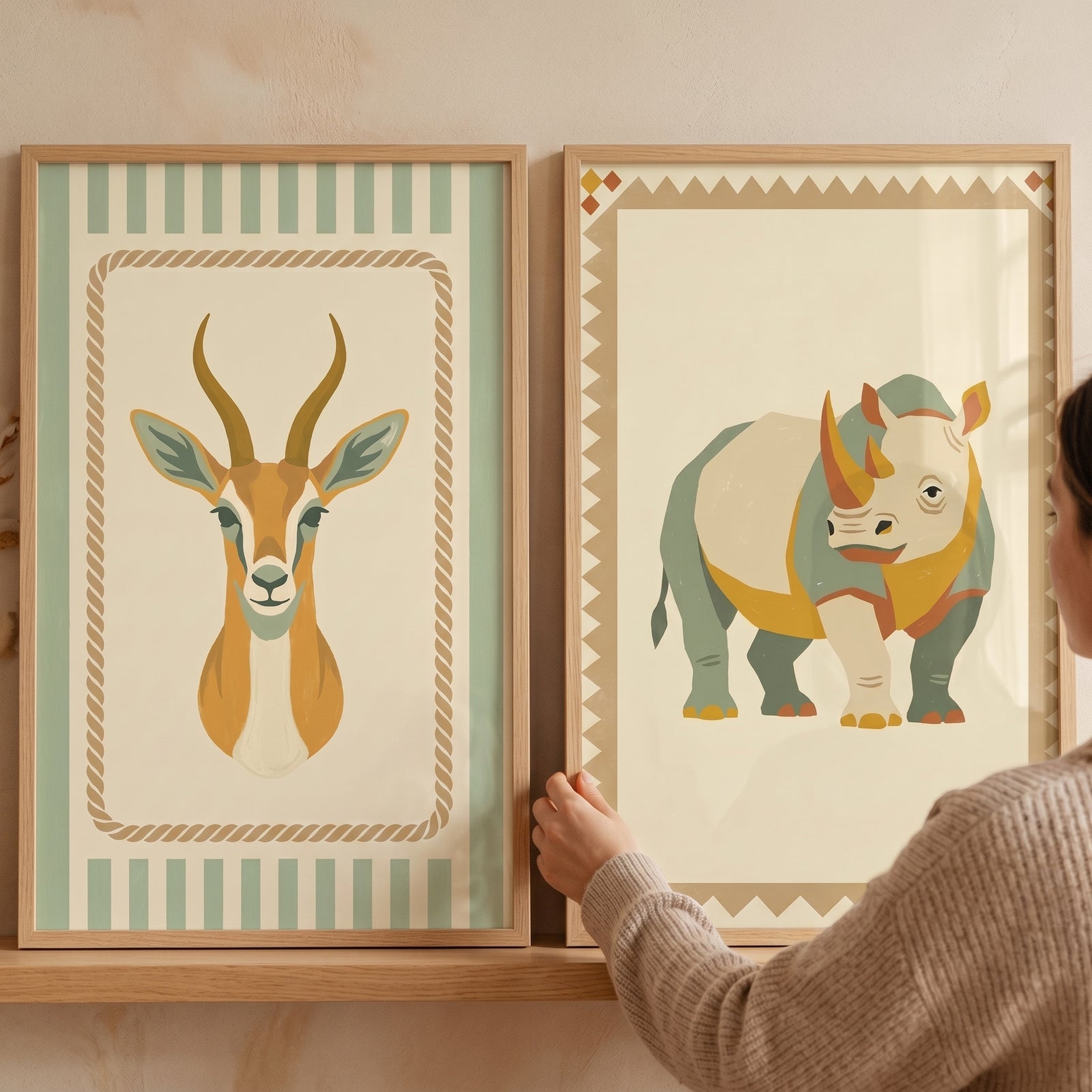 A person adjusts a geometric border safari animal wall art set of 2 featuring a gazelle and rhinoceros.