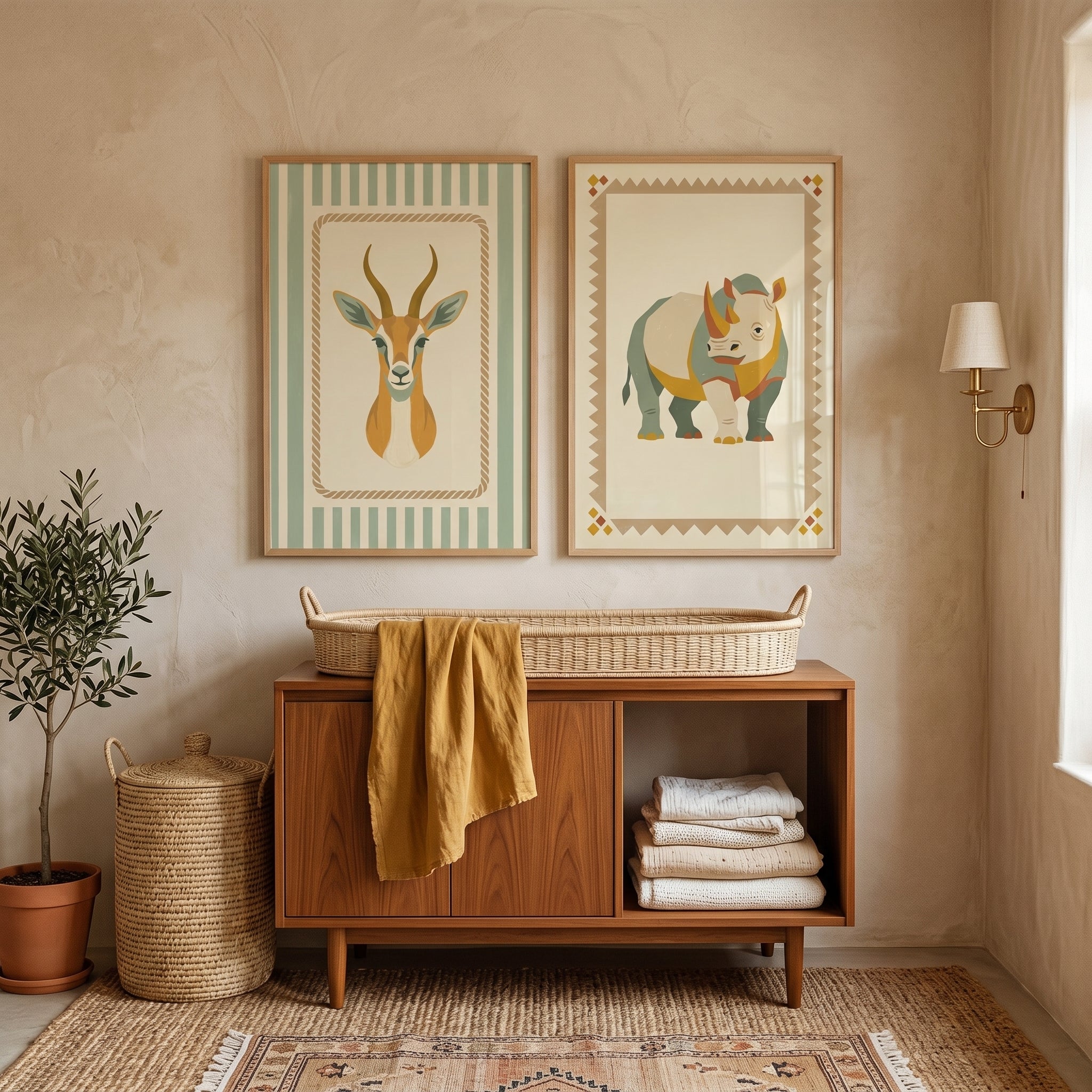 Geometric Border Safari Animal Wall Art Set of 2 - Savannah Wildlife Duo