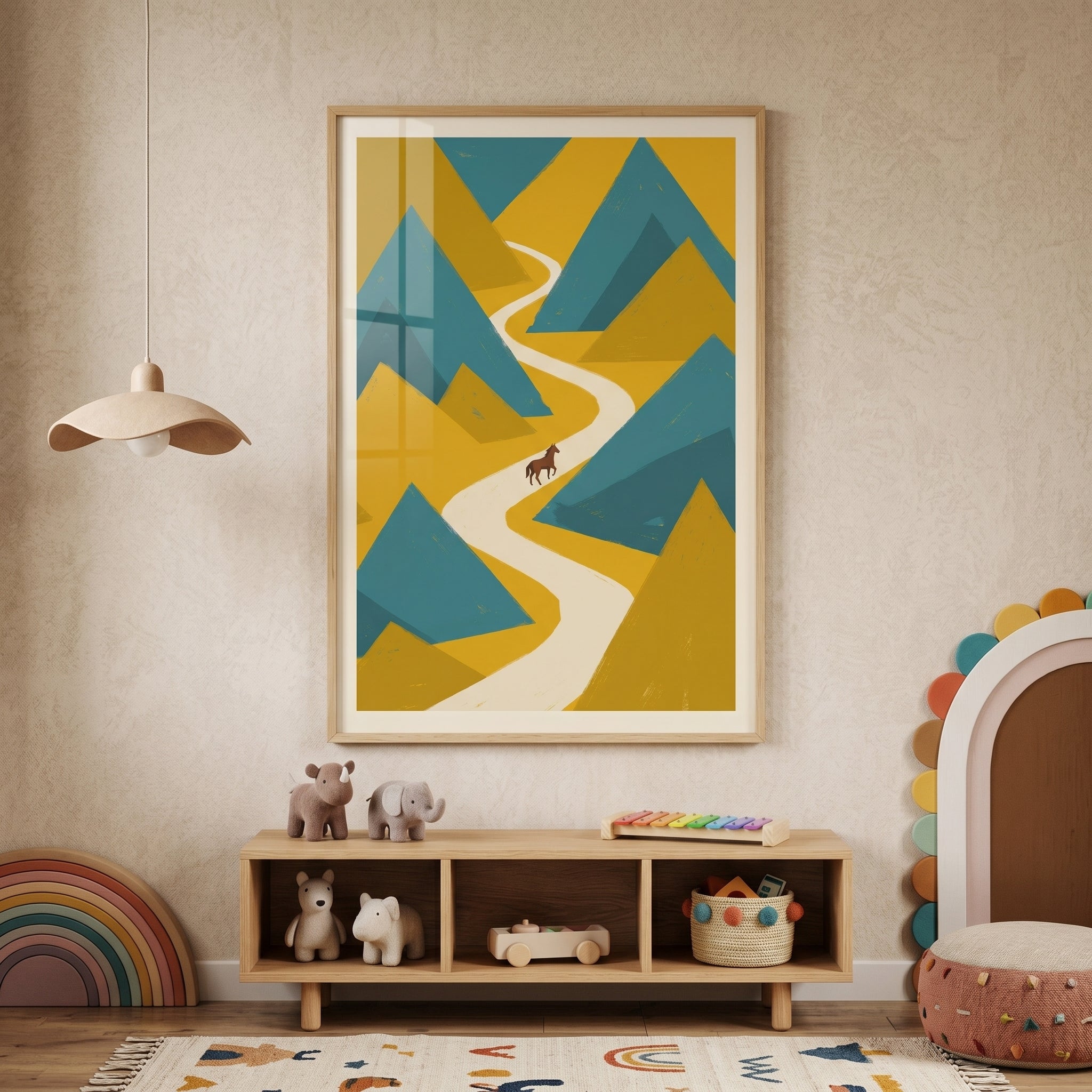 Framed geometric mountain brown horse wall art hangs above a wooden shelf of toys in a minimalist nursery.