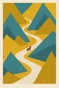 Geometric mountain brown horse wall art features a brown horse on a winding path through teal and yellow triangular peaks.
