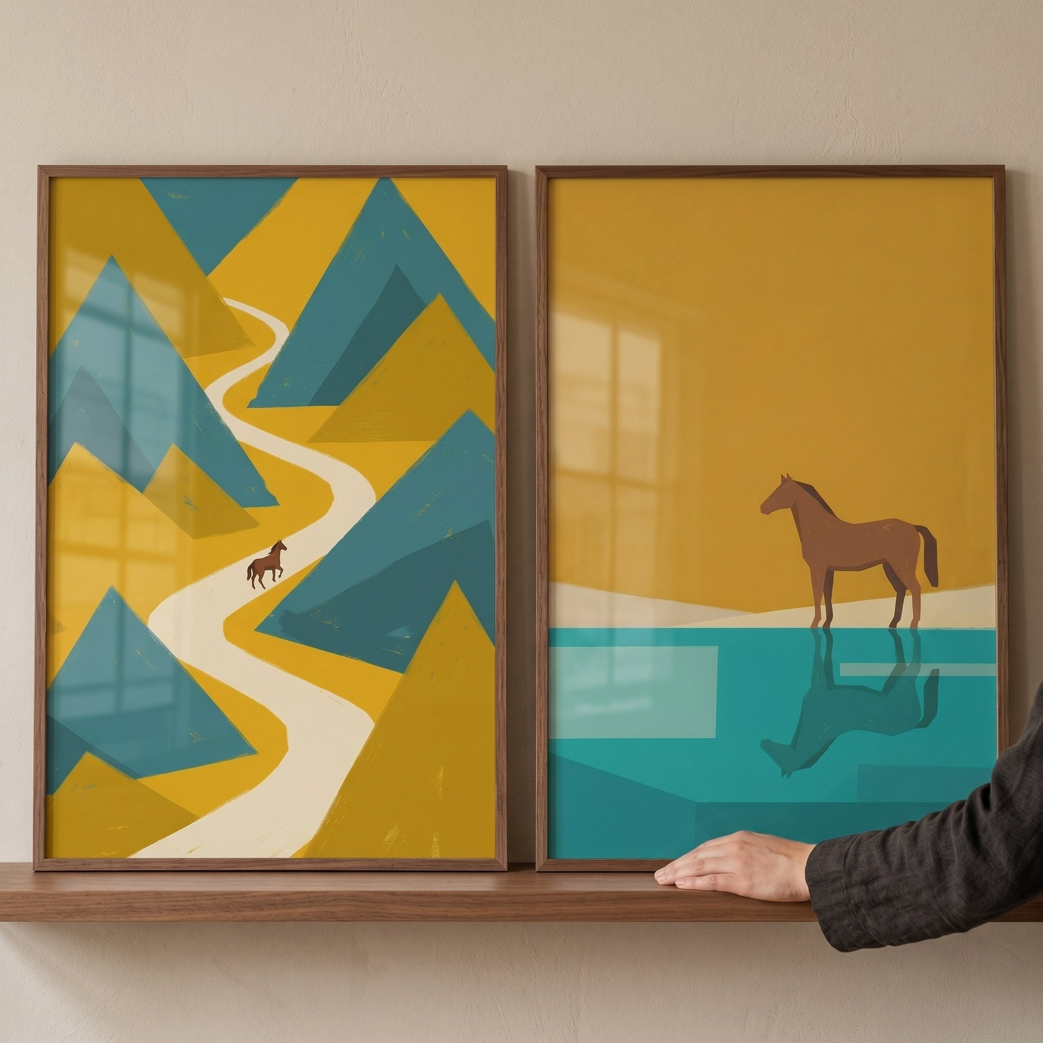 Geometric Teal Ochre Horse Wall Art Set of 2 - Golden Valley Equine