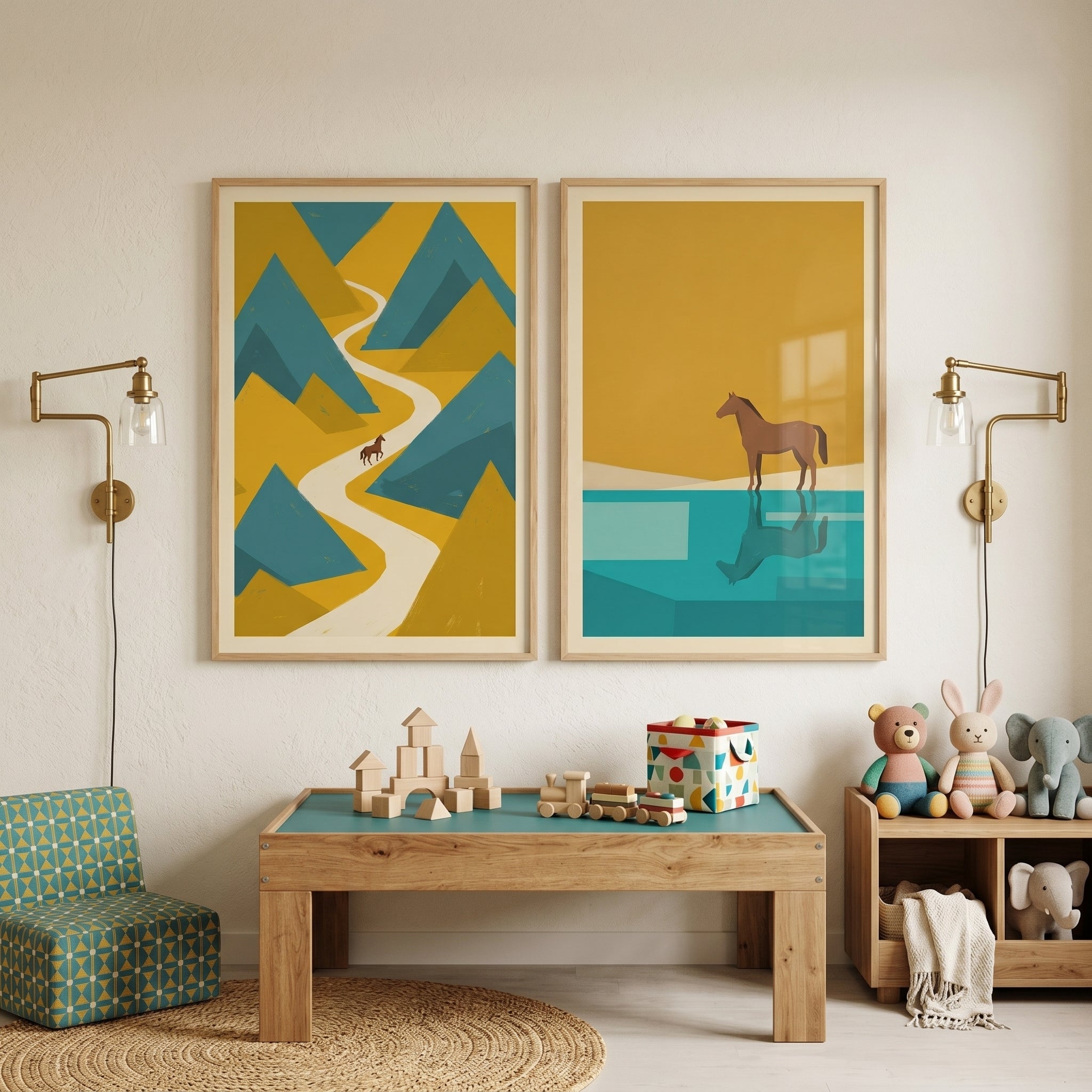 Geometric Teal Ochre Horse Wall Art Set of 2 - Golden Valley Equine