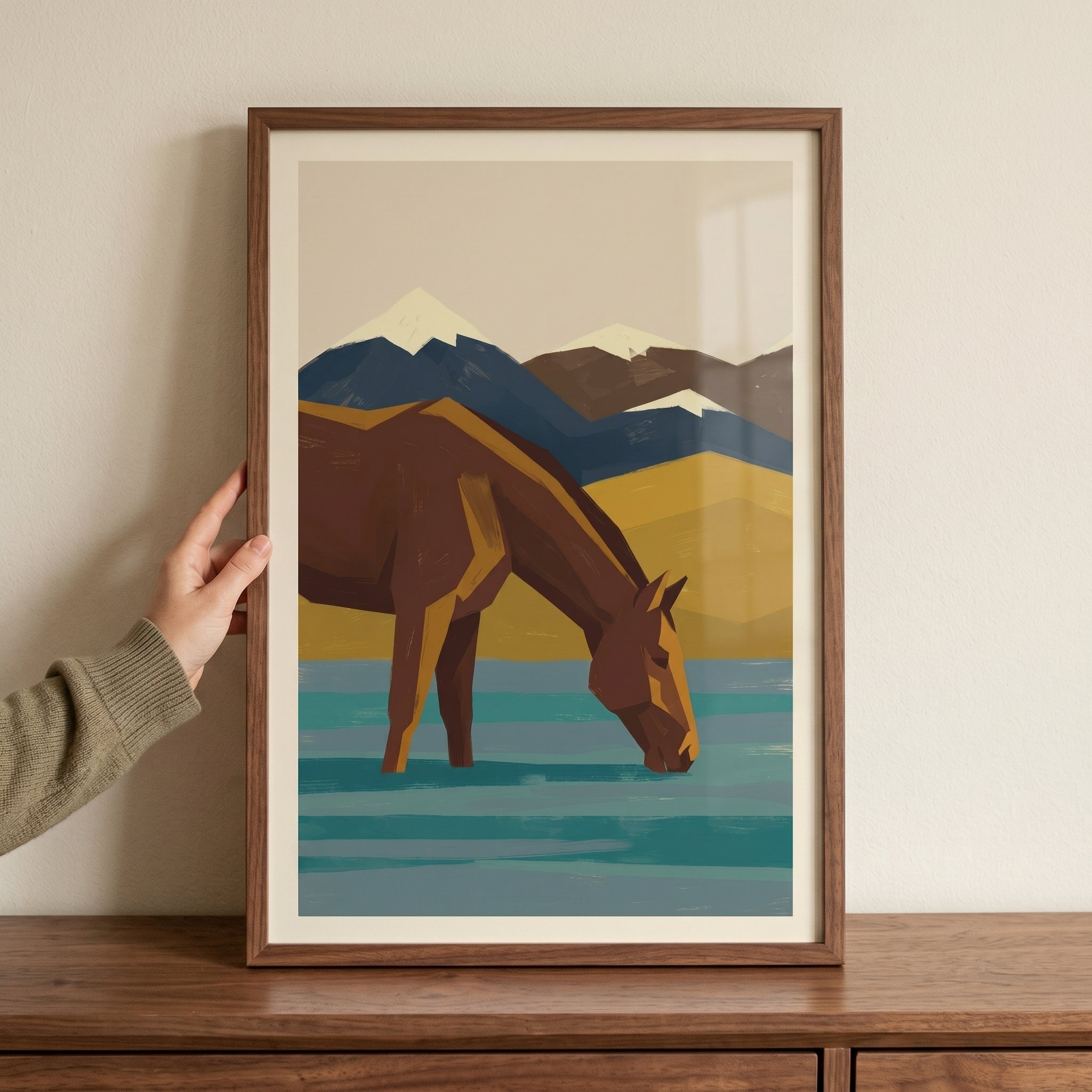 Geometric Teal Water Horse Wall Art - Mountain Lake Horse
