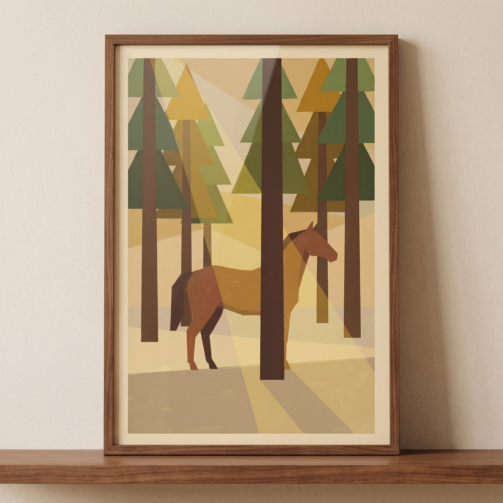 Geometric woodland brown horse wall art with stylized pine trees and soft rays of light in earth tones.