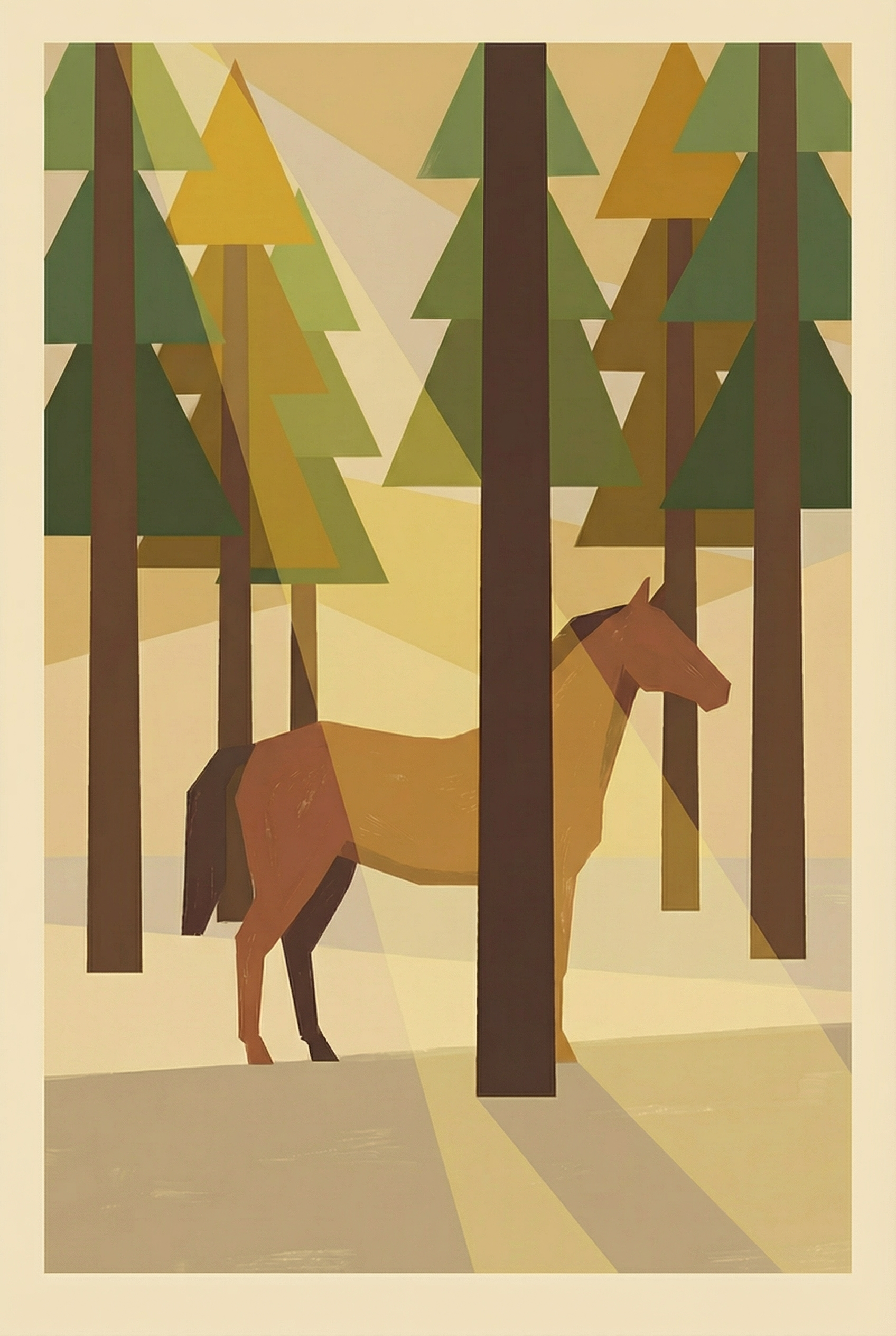Geometric Woodland Brown Horse Wall Art - Geometric Forest Horse