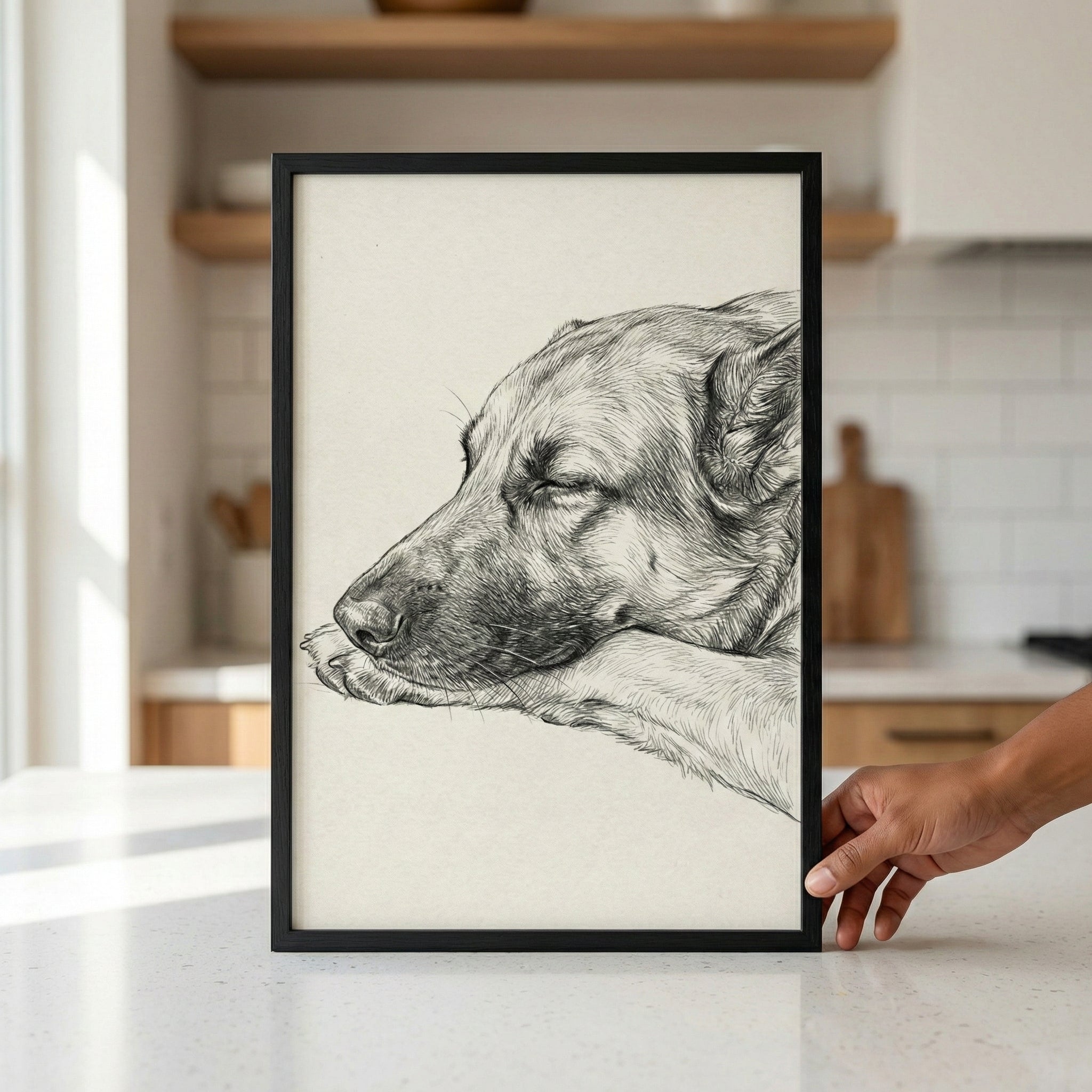 A detailed black and white pencil sketch of a large dog resting its head on its paw is featured in a thin black frame. The artwork, showing the dog in profile with its eyes closed, is printed on cream-colored paper. A person's hand is visible on the right, holding the frame upright on a white kitchen countertop with a blurred background of wooden shelves and white tiles.