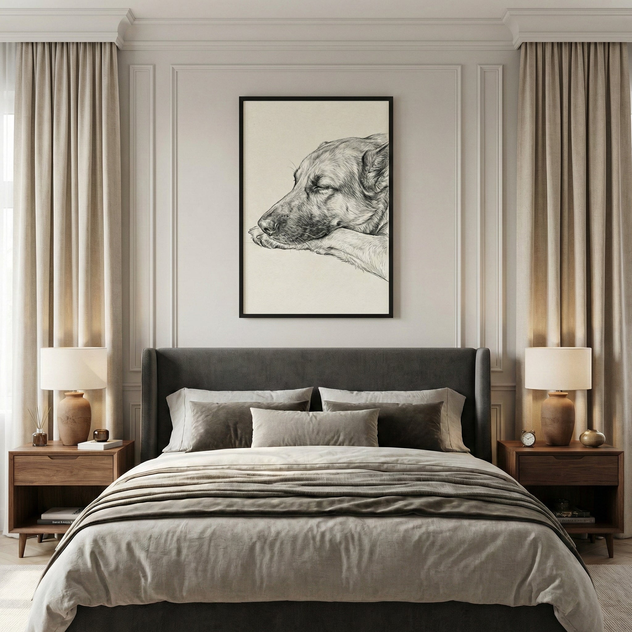 A symmetrical and elegantly designed bedroom featuring a central bed with a dark grey upholstered headboard and layers of neutral-toned bedding. Above the headboard, a large framed black-and-white sketch of a dog's face resting on its paws is centered on a wall with classic decorative molding. Identical wooden nightstands are placed on either side of the bed, each holding a lamp with a rounded clay base and a simple cream shade. Long, floor-to-ceiling beige curtains frame the scene on both sides, adding a s