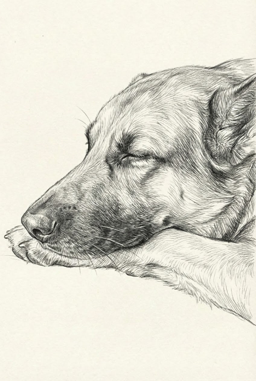 Close-up sketch of a German Shepherd’s face resting peacefully on its front paws, eyes closed in deep sleep.