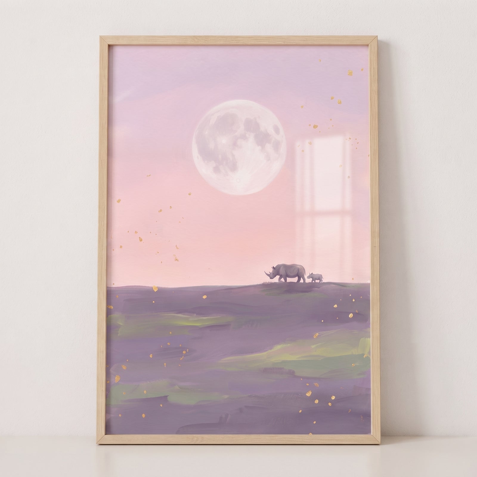 Framed giant moon walking rhino animal wall art featuring two rhinos on a purple field under a soft pink sky.