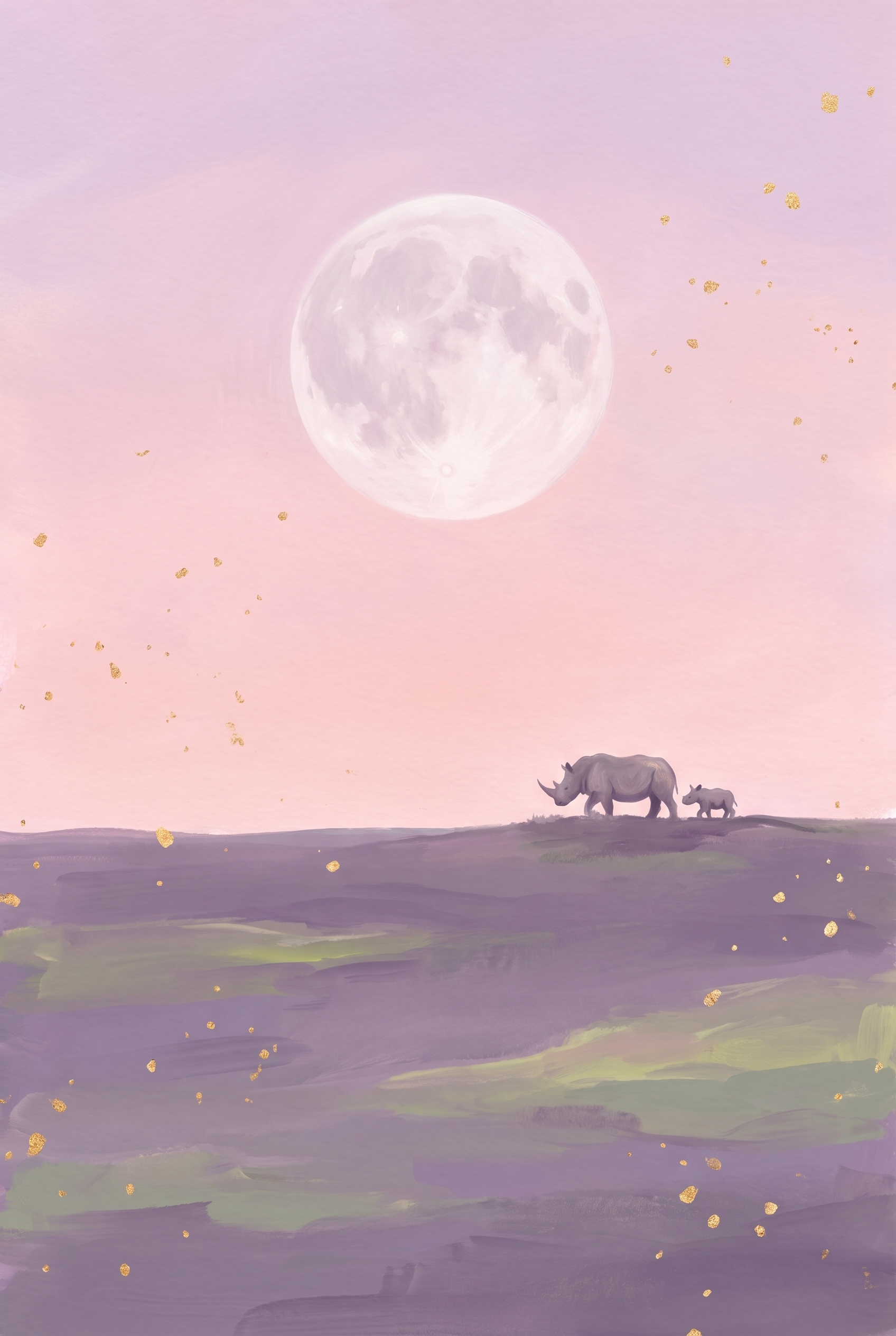Giant Moon Walking Rhino Animal Wall Art - Moonlit Rhino Family