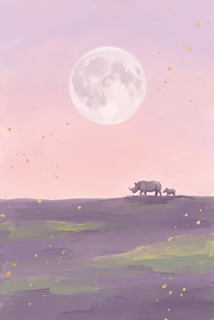 Giant moon walking rhino animal wall art with two rhinos under a large moon and pink sky with gold flecks.