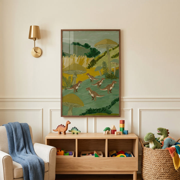 Playroom featuring giant mushroom t-rex wall art, a wooden toy shelf, and a basket of dinosaur plushies.