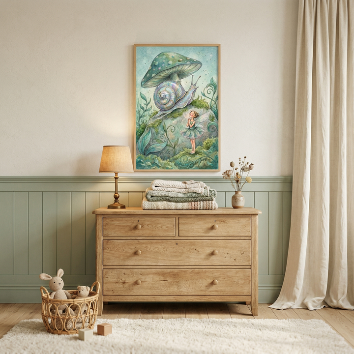 A cozy room features a framed whimsical illustration on a light wall with green paneling. The artwork shows a large, green-spotted mushroom with a snail on top and a small, winged sprite standing below against a starry background. Under the frame, a wooden dresser holds a table lamp, folded blankets, and dried flowers. A white shag rug, wooden blocks, and a basket with a stuffed bunny are on the floor. To the right, floor-length curtains in a neutral color hang beside the dresser.