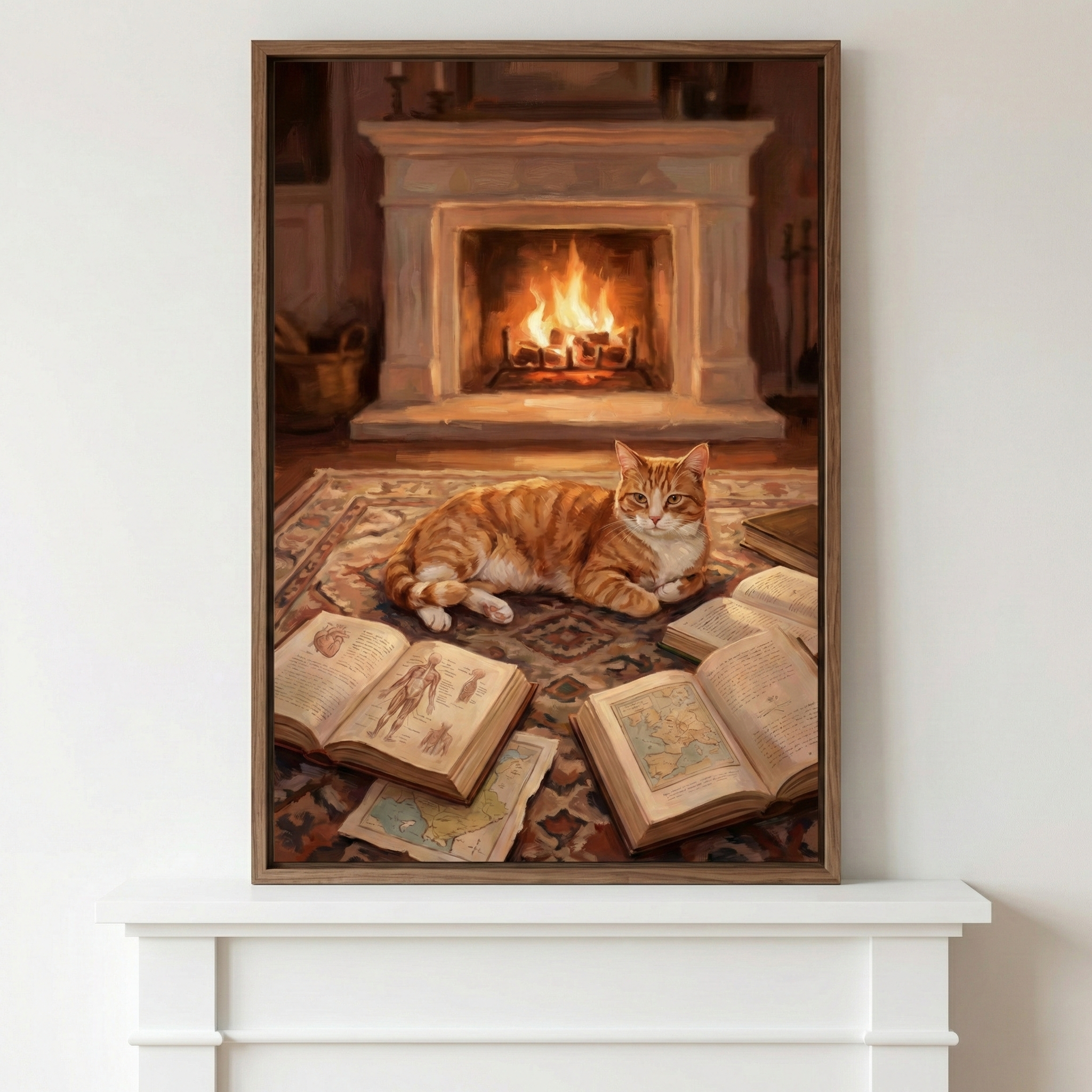 Vertical framed art depicts an orange tabby cat lounging on a patterned rug before a glowing fireplace. The warm light from the hearth illuminates the cat's fur and several open vintage books scattered around it. One book shows a detailed human anatomy diagram, and another displays a world map. The cozy scene is presented in a simple wooden frame, hanging on a plain white wall directly above a white mantelpiece.