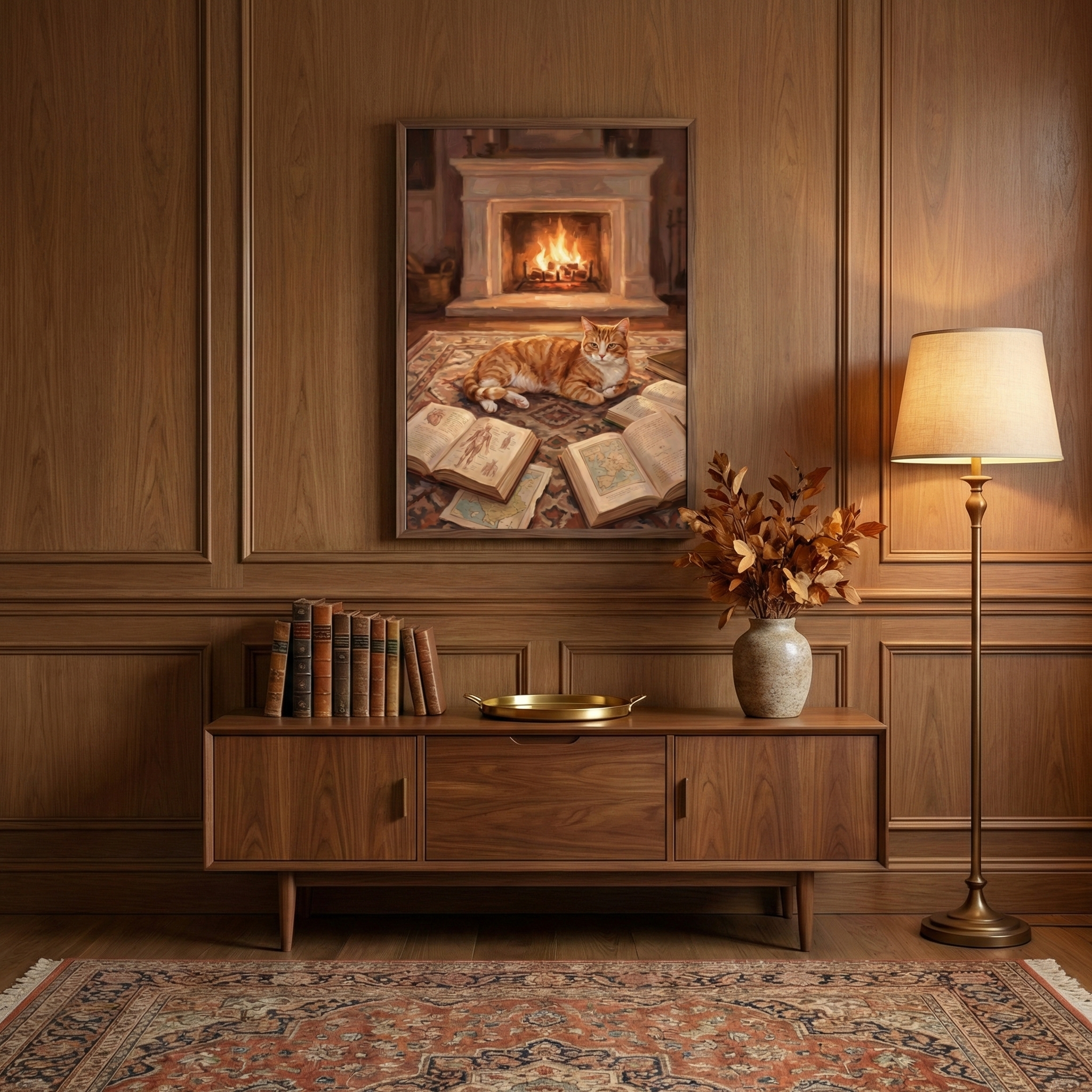 A cozy interior room features warm wood-paneled walls. A mid-century modern wooden sideboard with tapered legs rests against the wall, holding a collection of antique leather-bound books, a gold-toned tray, and a ceramic vase with dried orange foliage. Centered above the sideboard is a framed image of a ginger cat resting on a rug near a glowing hearth, with open books spread around it. To the right, a tall metal floor lamp with a neutral fabric shade provides soft ambient light. 