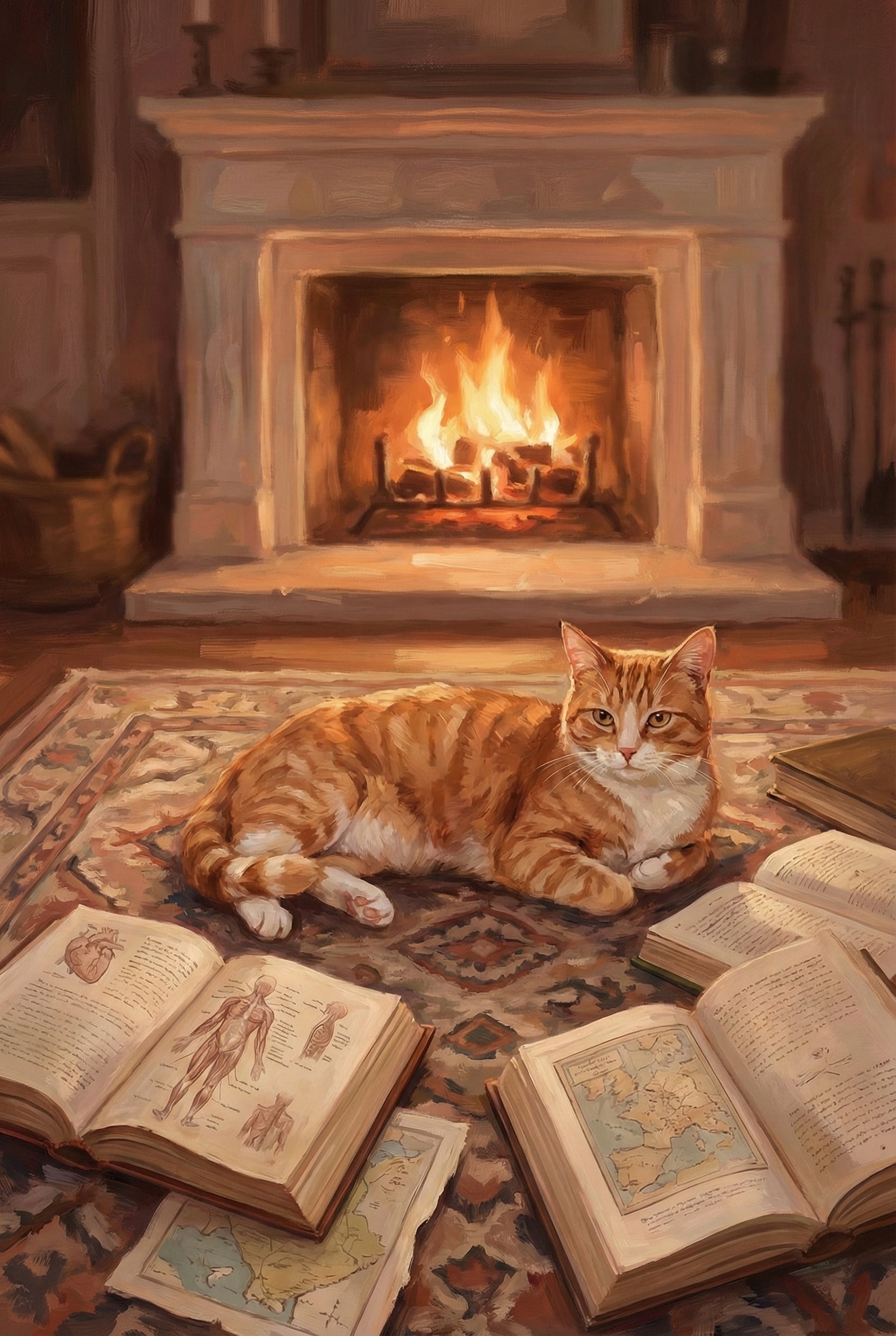 An orange tabby cat lounges on a patterned rug in front of a glowing fireplace surrounded by open books. The pages display detailed drawings and maps, giving the scene a scholarly yet cozy atmosphere.
