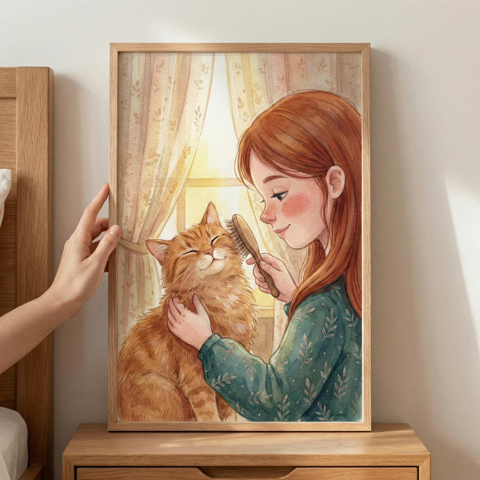 A hand holds a wood-framed illustration resting on a wooden bedside table. The artwork depicts a young girl with long reddish-brown hair and rosy cheeks, wearing a green patterned long-sleeve shirt. She is gently using a brush on a ginger tabby cat that has its eyes closed in contentment. Behind them is a window with soft light and patterned curtains. The illustration is created in a soft, watercolor-like style.