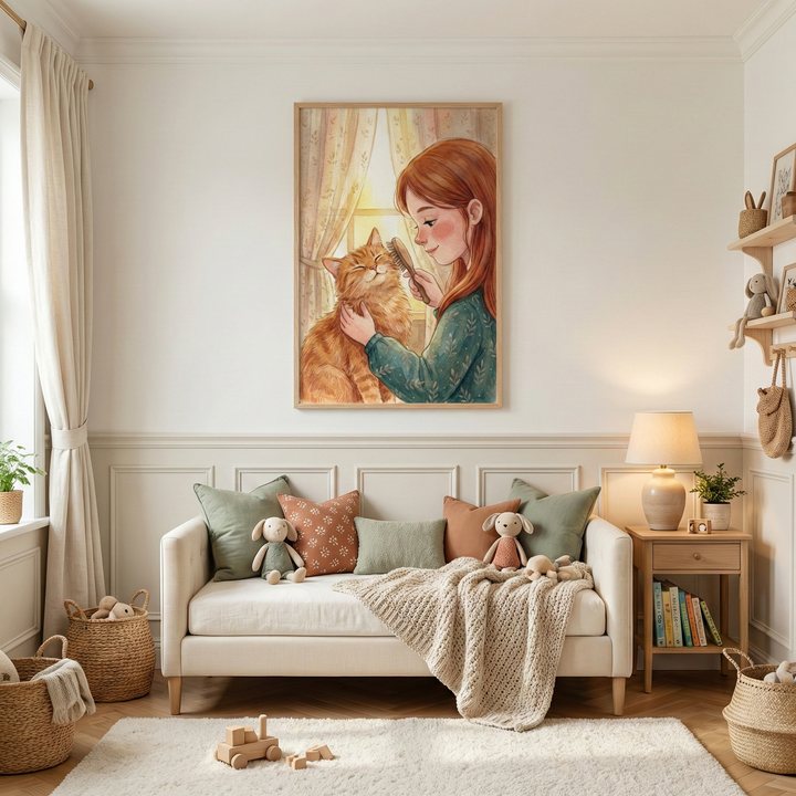 A cozy room features a large framed illustration of a red-haired girl gently brushing a ginger cat. Below the artwork sits a cream-colored sofa accented with sage and terracotta pillows, two stuffed rabbit toys, and a knitted throw. To the right, a wooden end table holds a ceramic lamp and books. On the floor, a white rug is scattered with wooden toys. Woven baskets and a shelf with plush toys add to the warm atmosphere, with soft light filtering through white curtains on the left.