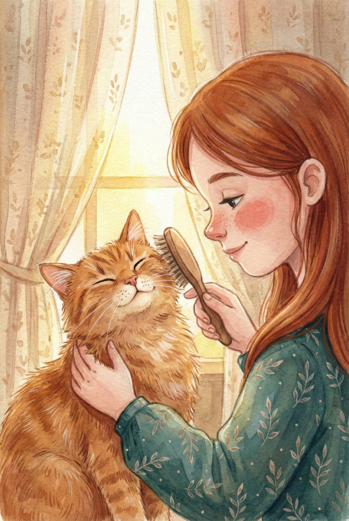 A smiling girl gently brushes a fluffy orange tabby cat, who closes its eyes in contentment. Soft golden sunlight streams through floral curtains in the background.