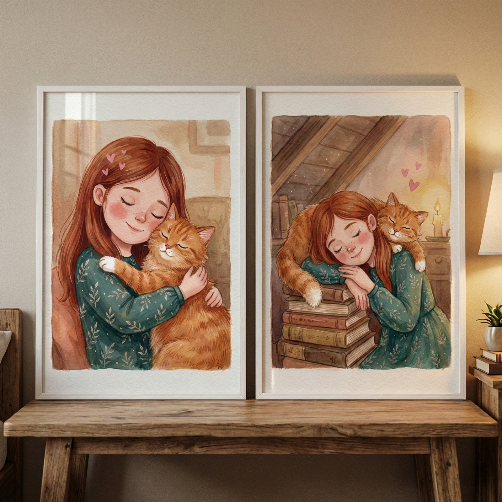 Two white-framed watercolor illustrations rest on a rustic wooden table against a neutral wall. In the left artwork, a young girl with reddish-brown hair in a green patterned dress hugs a ginger tabby cat. In the right artwork, she sleeps on a stack of old books while the cat rests across her shoulders. Both images feature soft, warm tones and tiny pink hearts floating above. The surrounding environment includes a wooden side table with a lamp and a small potted plant.