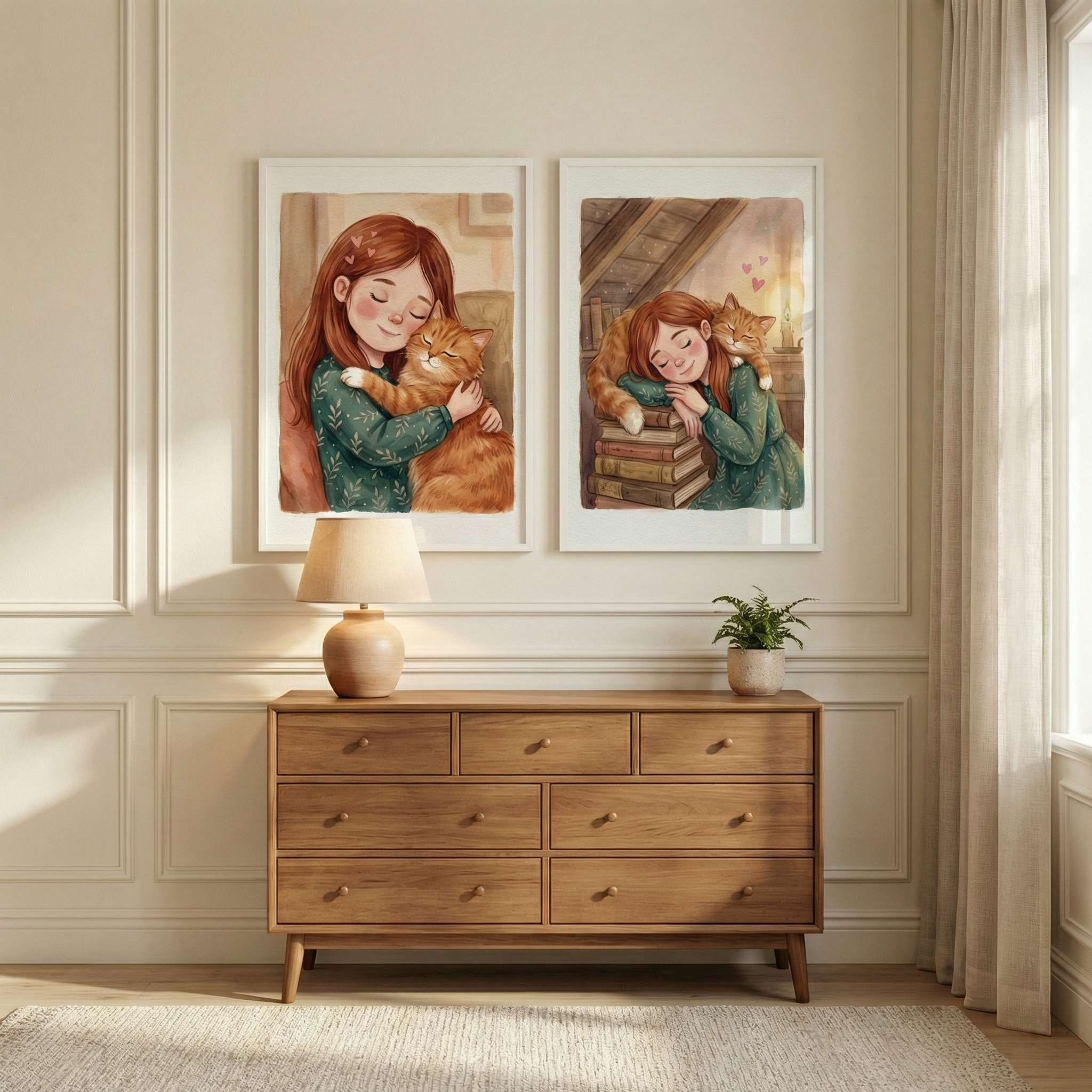 Ginger Cat Nursery Wall Art Set of 2 - Cozy Cat Cuddles